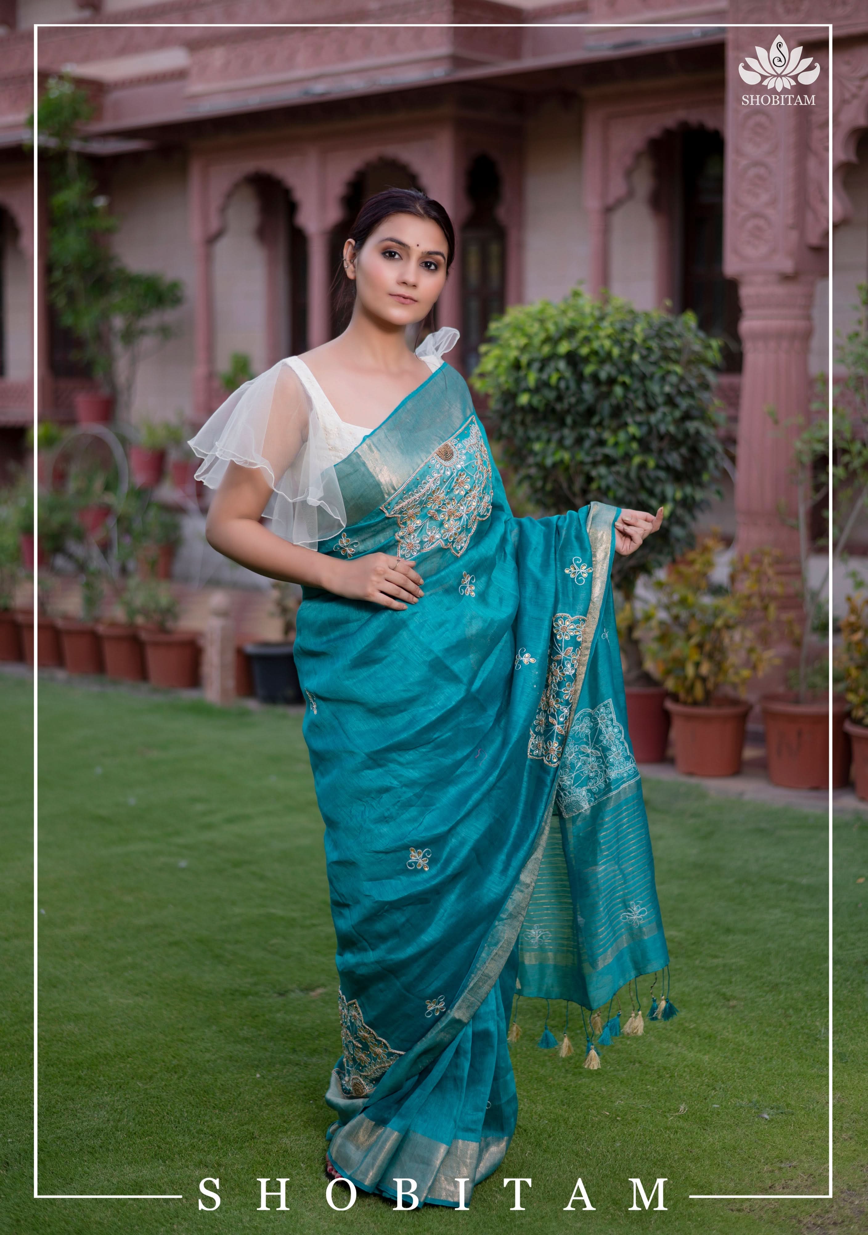 Teal Silk Linen Saree with Embroidery | Shobitam Saree