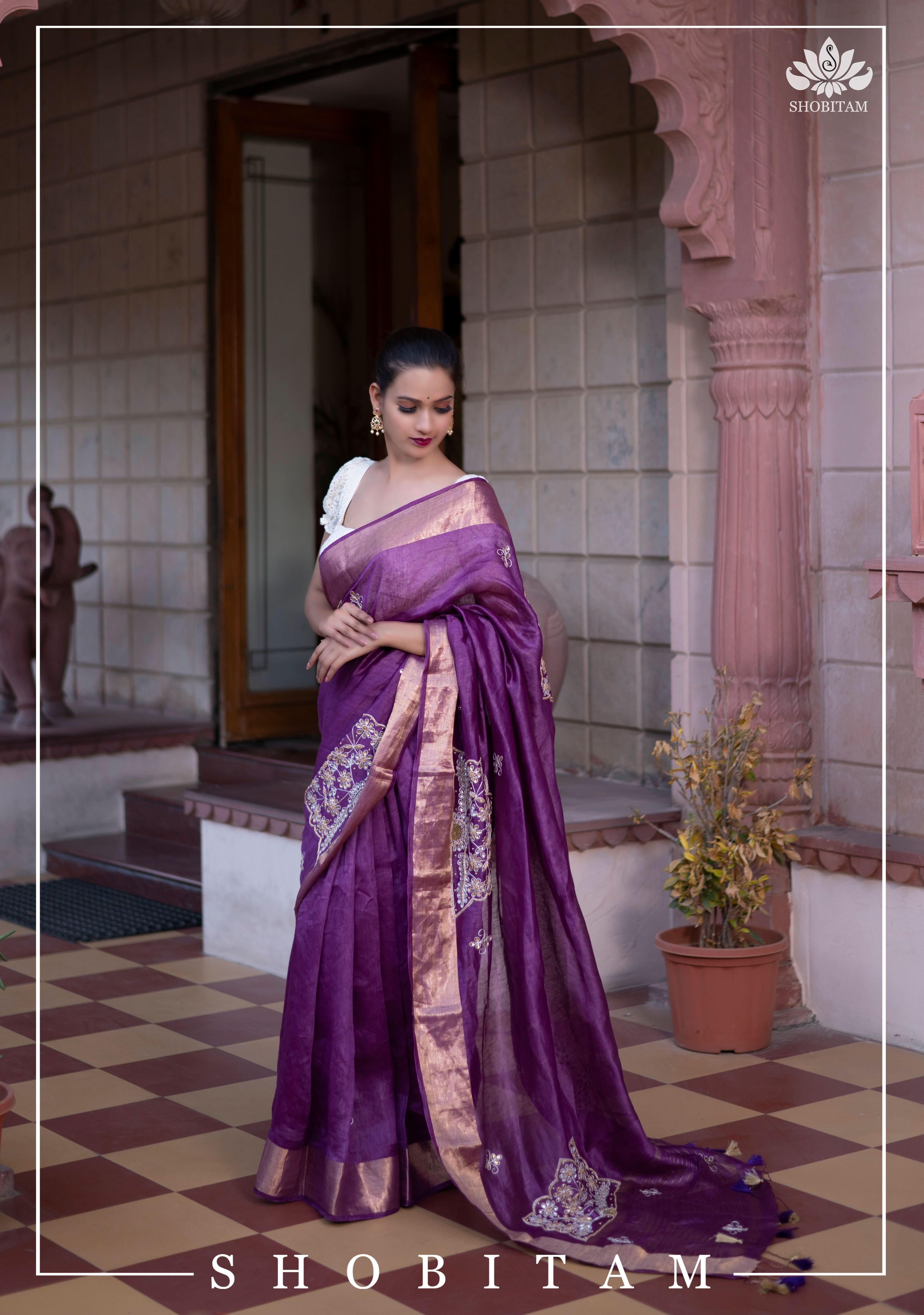 Purple Silk Linen Saree with Embroidery | Shobitam