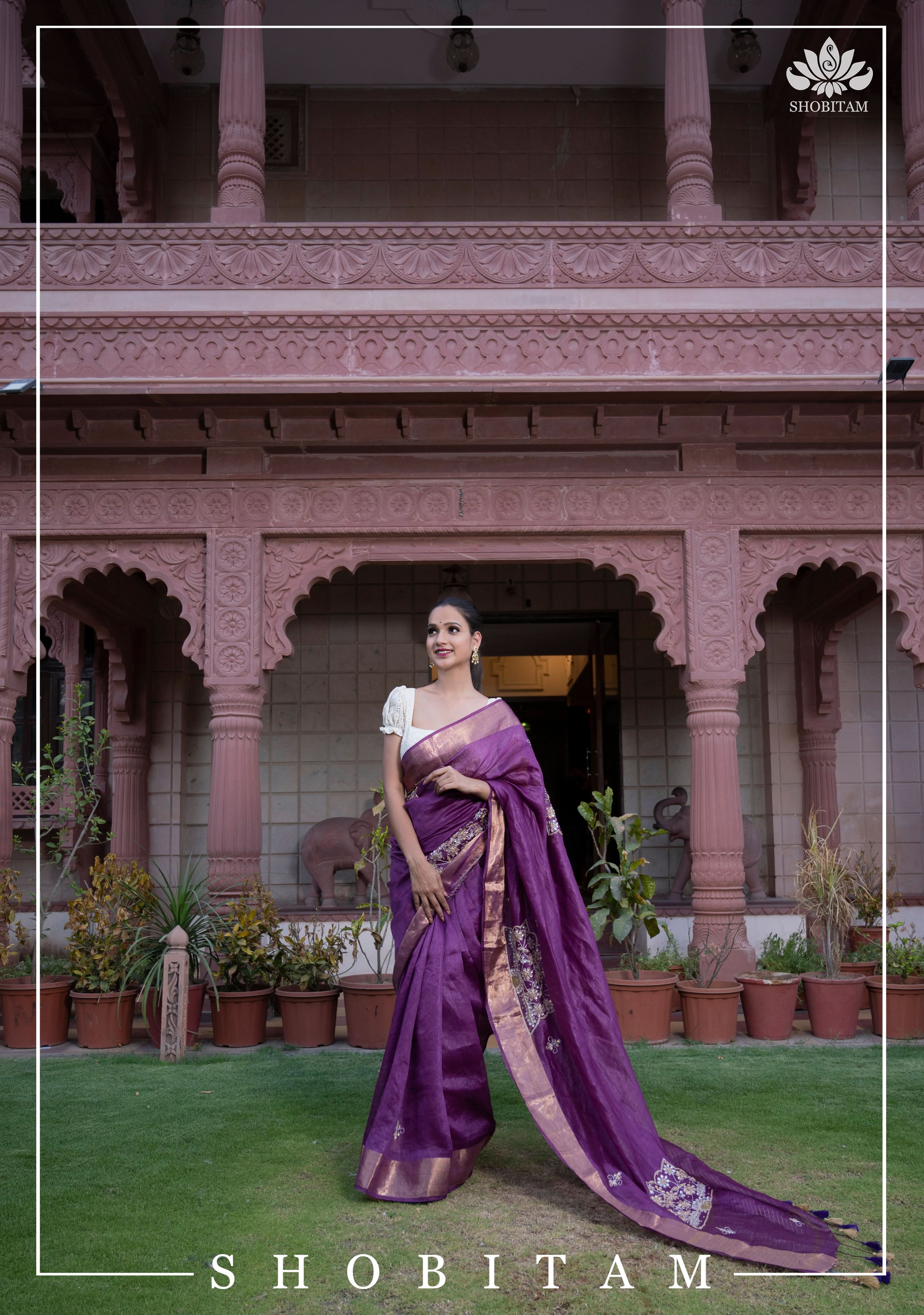 Purple Silk Linen Saree with Embroidery | Shobitam