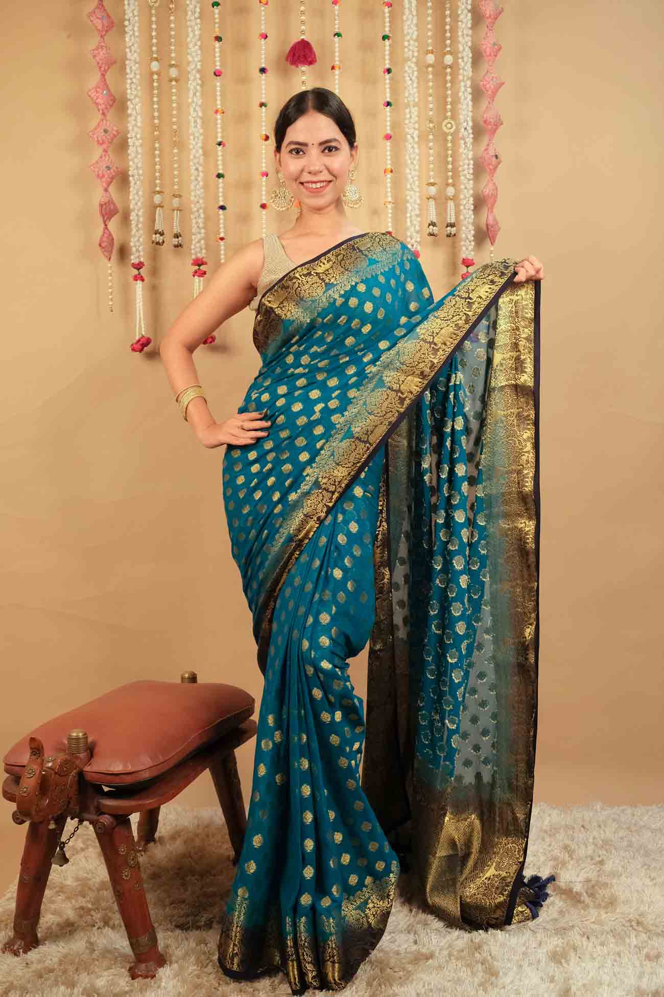 Ready To Wear Blue & Golden Ethnic Zari Woven Georgette Kanjivaram With Zari Detailed   Wrap in 1 minute saree - Isadora Life