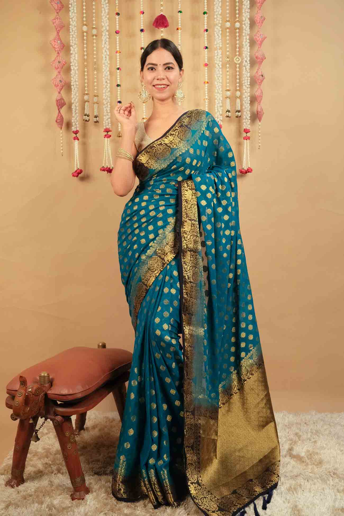 Ready To Wear Blue & Golden Ethnic Zari Woven Georgette Kanjivaram With Zari Detailed   Wrap in 1 minute saree - Isadora Life