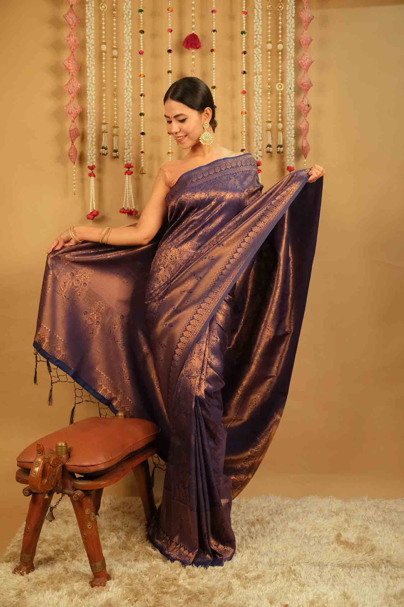 Ready To Wear Ethnic Zari Motif Kanjivaram Silk Dhoop Chaav With Tassels on Pallu Wrap In One Minute Saree - Isadora Life