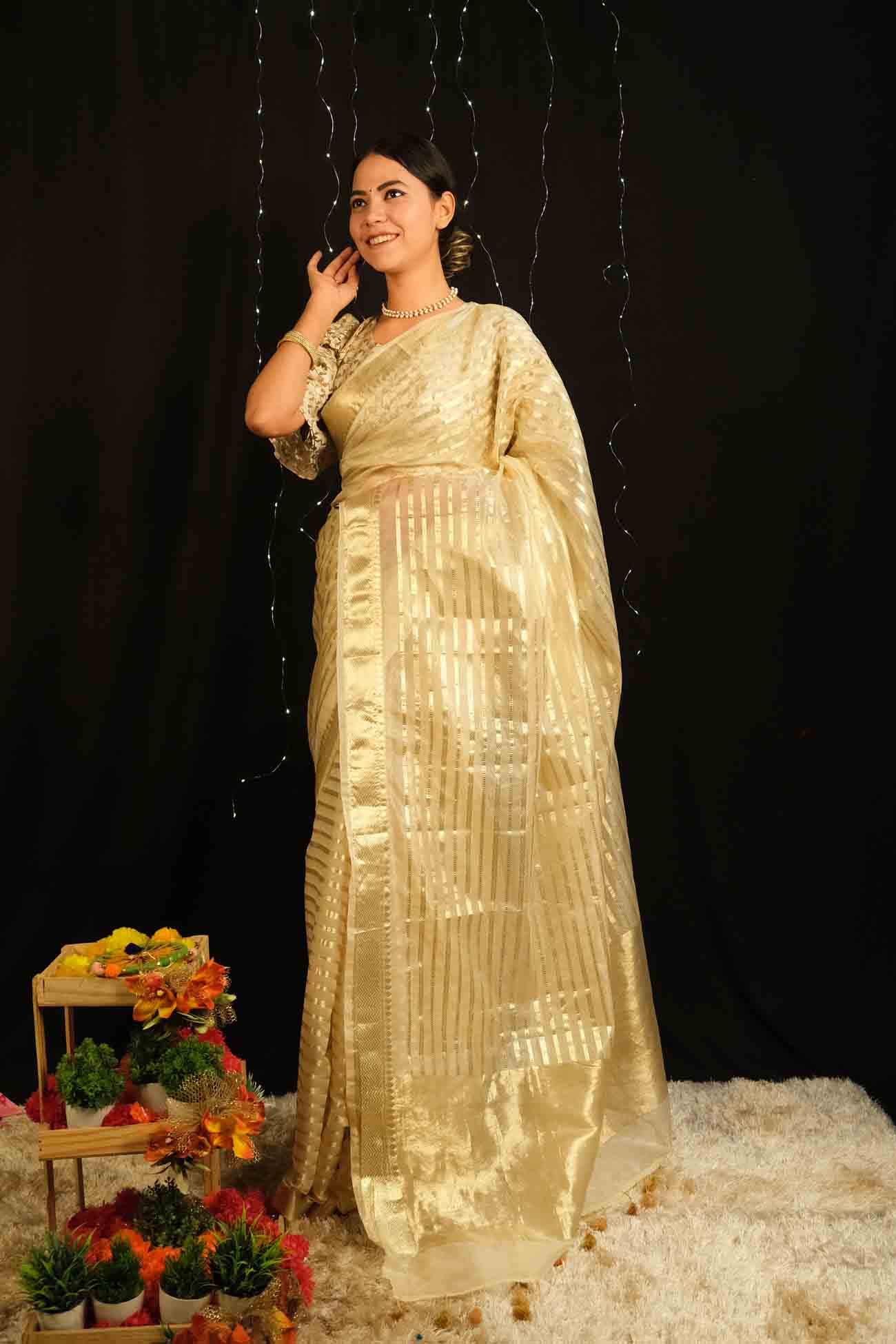 Ready To Wear Kasavu Organza with Zari lines work All Over Temple Border Pallu Wrap in 1 minute saree - Isadora Life