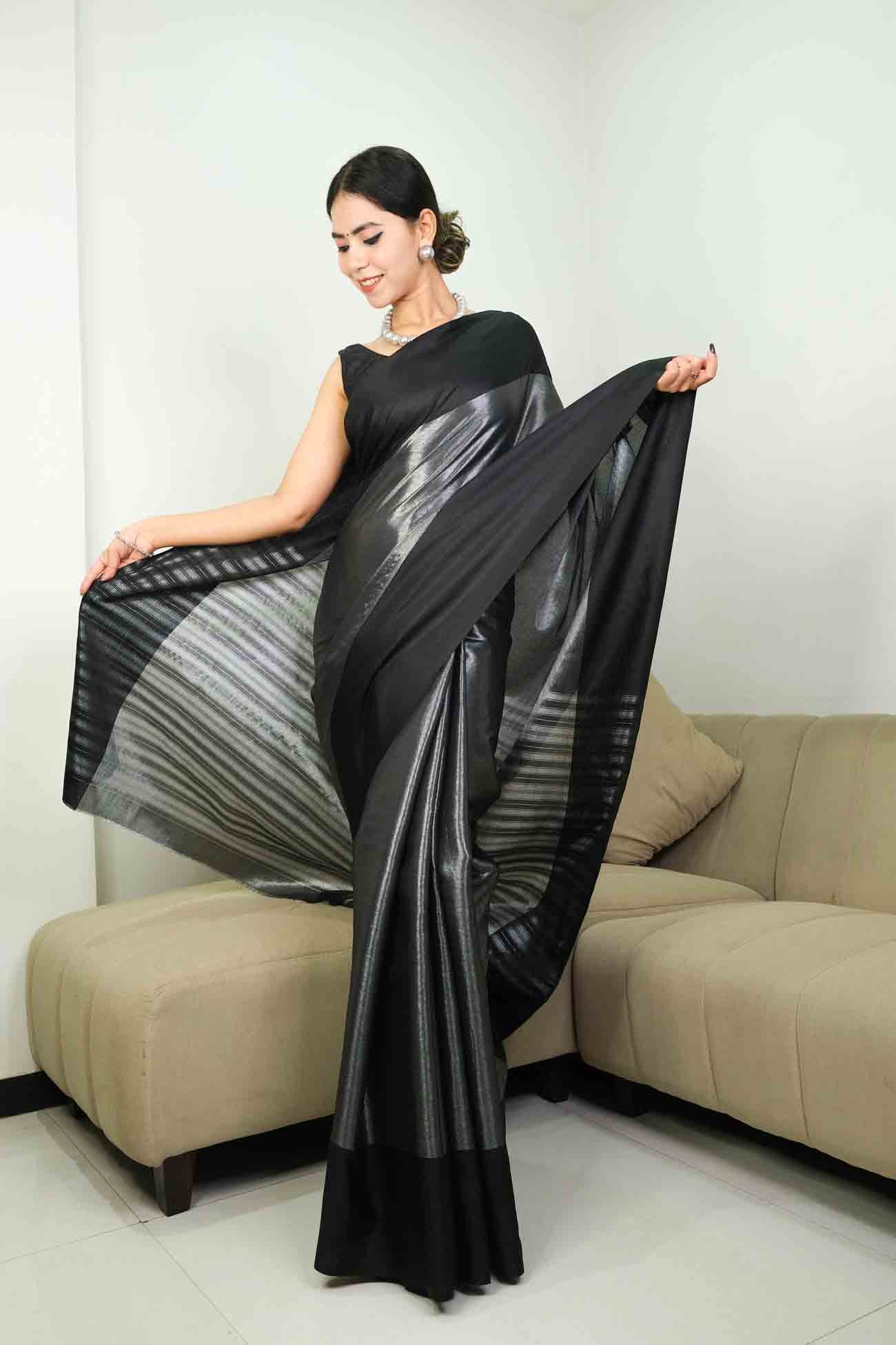 Ready To Wear Beautiful Black & Silver Kanjivaram Silk Woven Ornate Palla  Wrap in 1 minute saree - Isadora Life