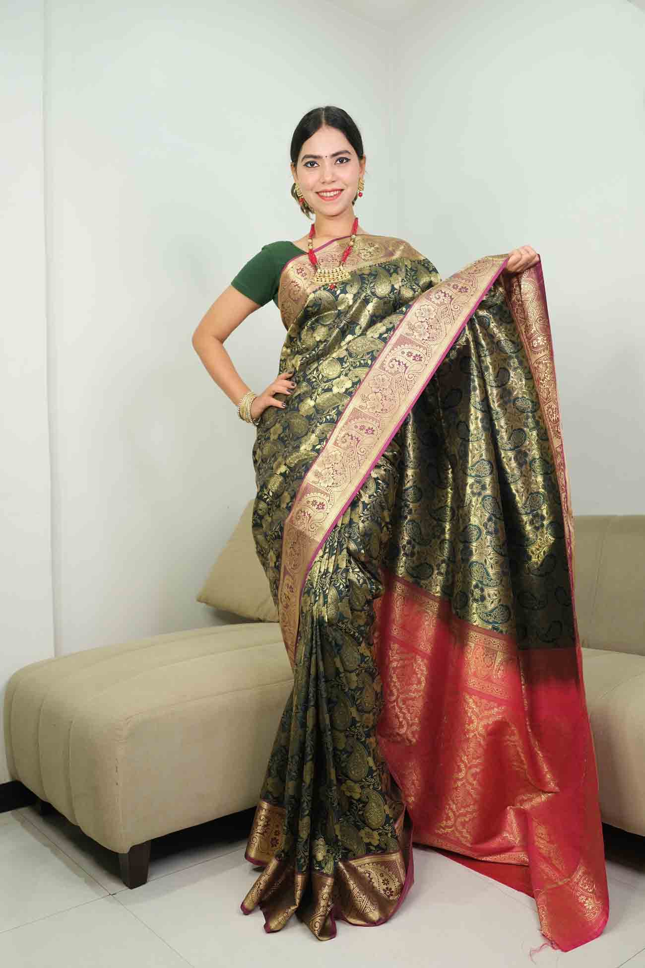 Wedding look special kanjivaram brocade with zari work all over and ornate pallu wrap in 1 minute saree - Isadora Life