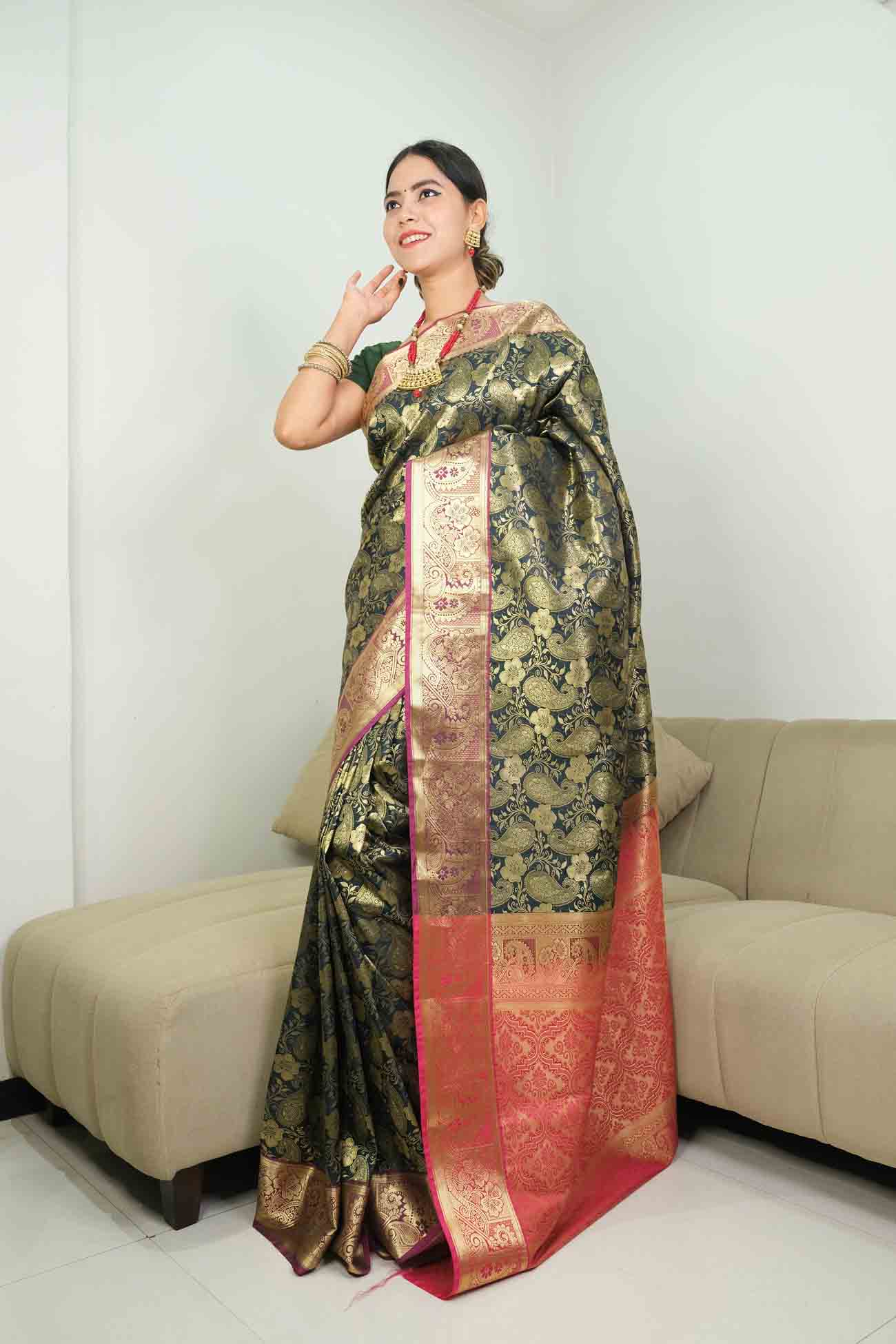 Wedding look special kanjivaram brocade with zari work all over and ornate pallu wrap in 1 minute saree - Isadora Life