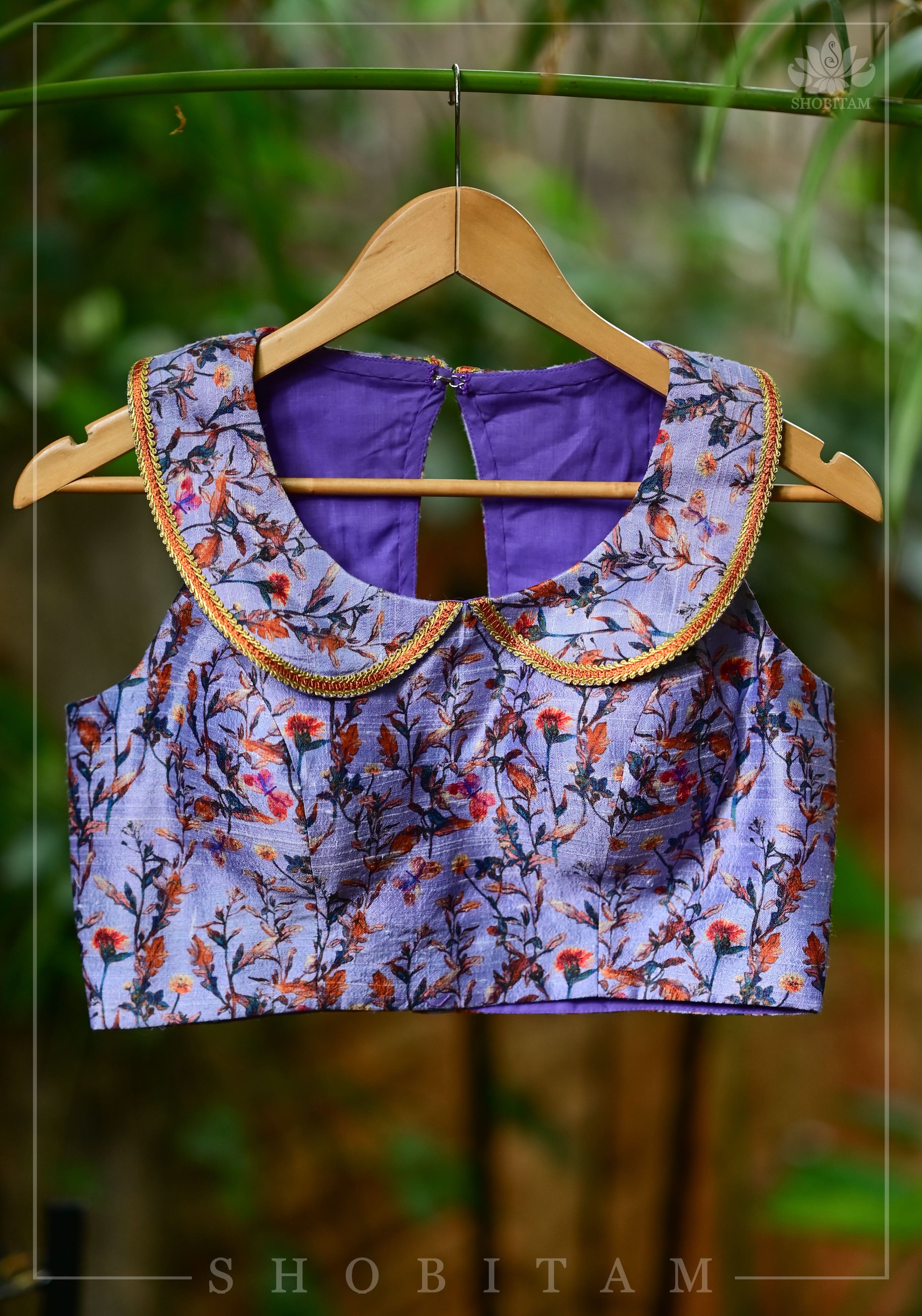 Lavender floral pure rawsilk collared blouse | Shobitam