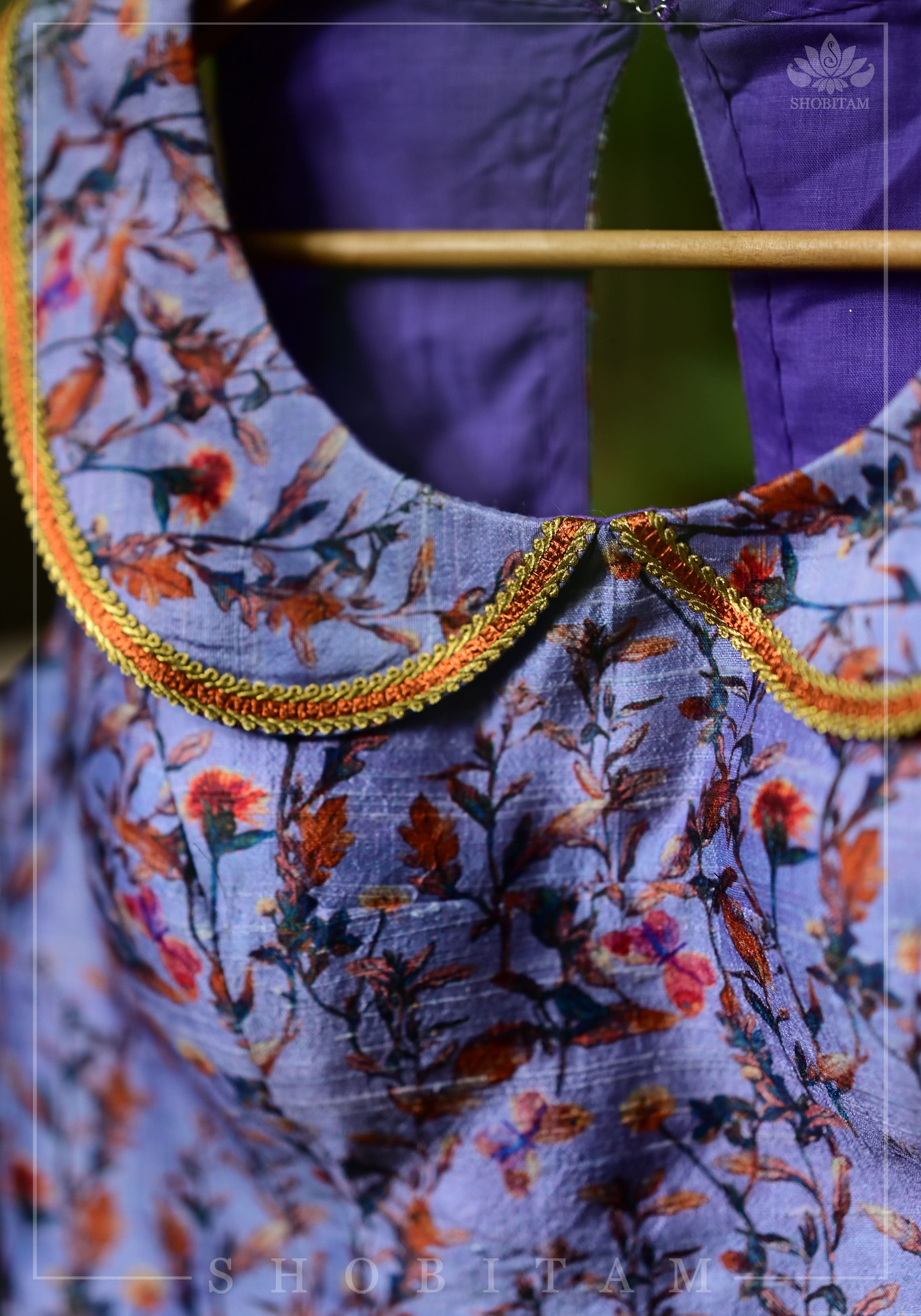 Lavender floral pure rawsilk collared blouse | Shobitam