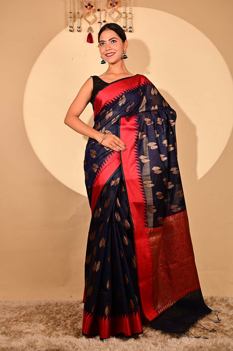 Ready To Wear Cotton Silk With Zari Interwoven Buttis & Temple Border With Tassels on Pallu   Wrap in 1 minute saree - Isadora Life