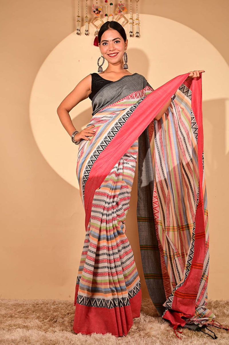 Ready To Wear Begampuri weave cotton linen with Tassels on Pallu Wrap in 1 minute saree - Isadora Life