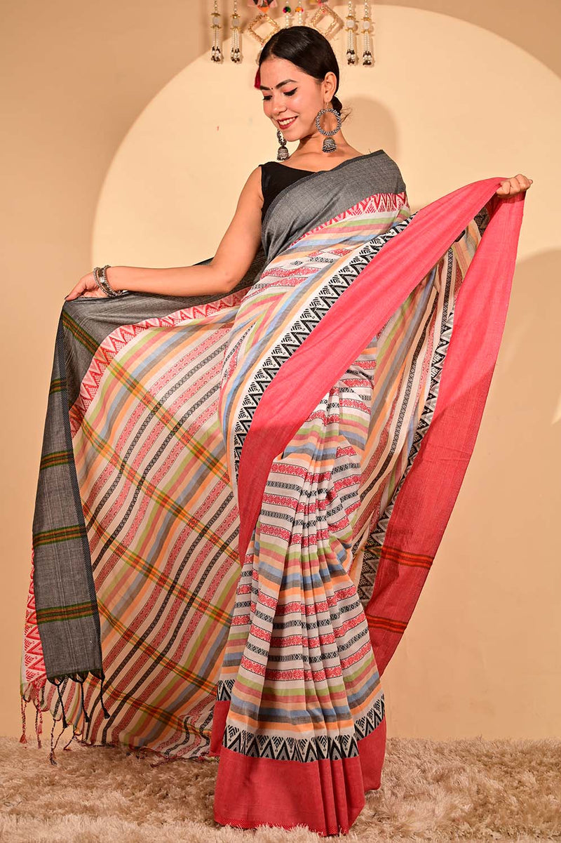 Ready To Wear Begampuri weave cotton linen with Tassels on Pallu Wrap in 1 minute saree - Isadora Life