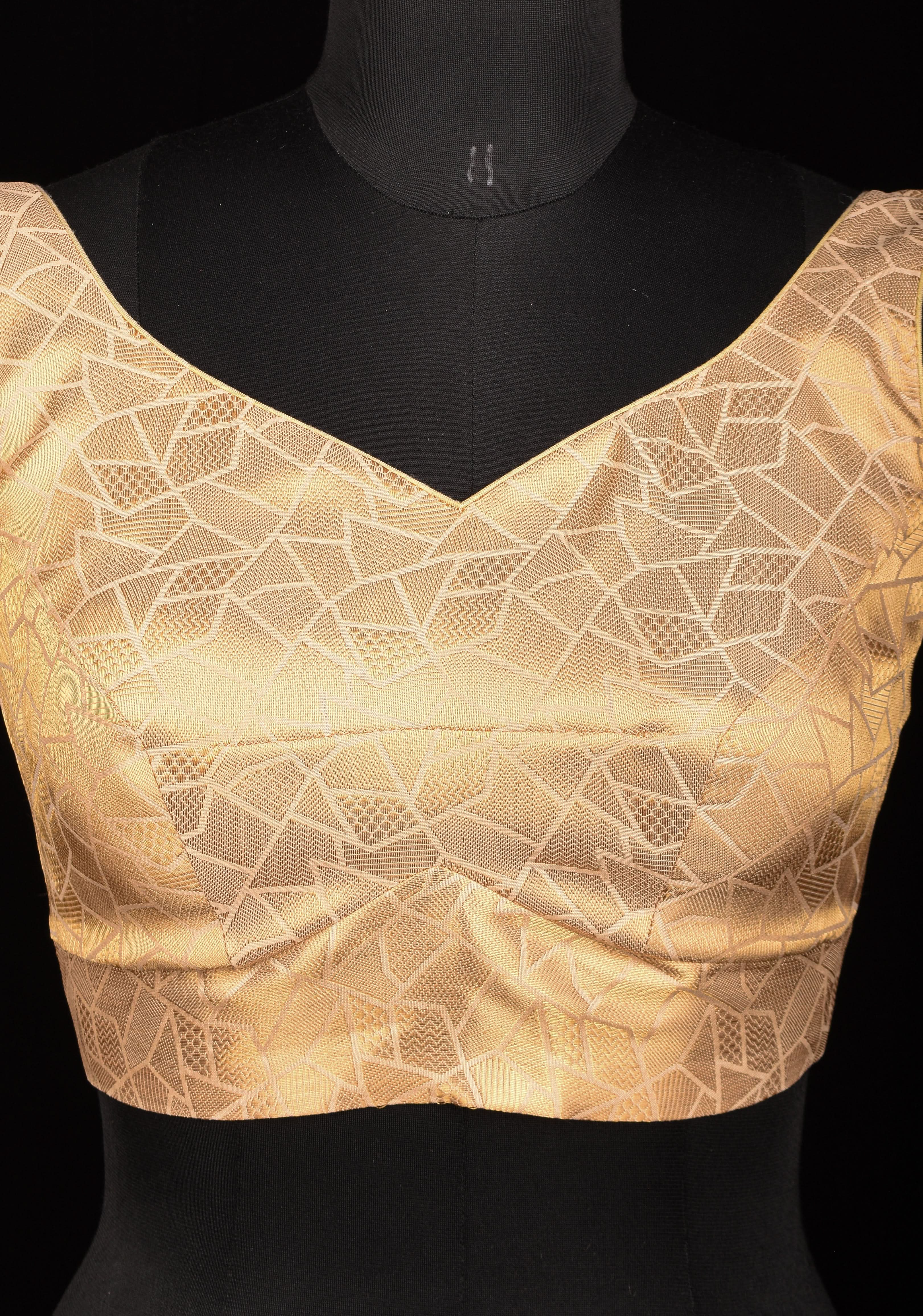 Size 34" Gold Abstract Pattern Brocade Blouse with Leaf Neck and Dori at the Back | Shobitam
