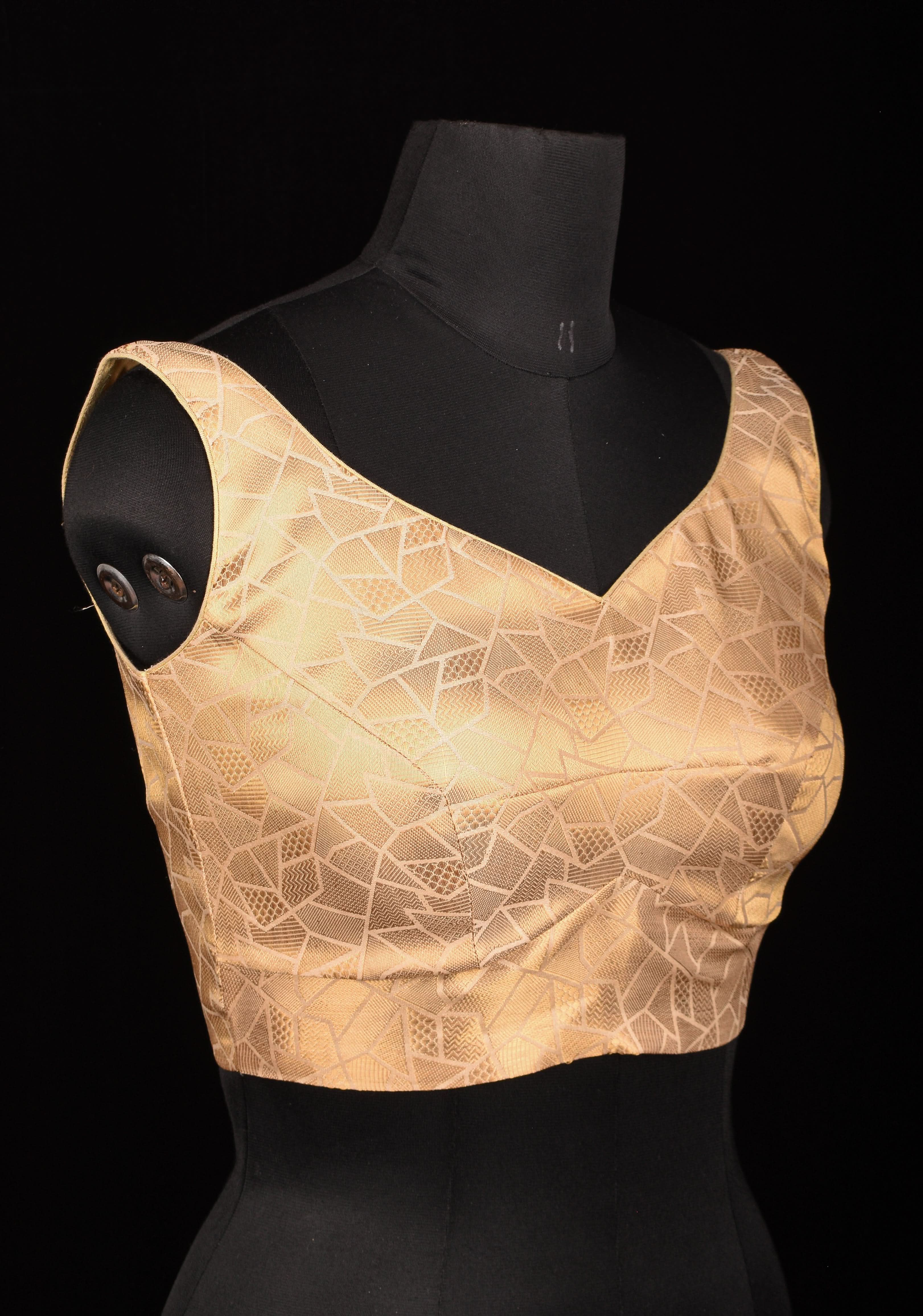Size 34" Gold Abstract Pattern Brocade Blouse with Leaf Neck and Dori at the Back | Shobitam