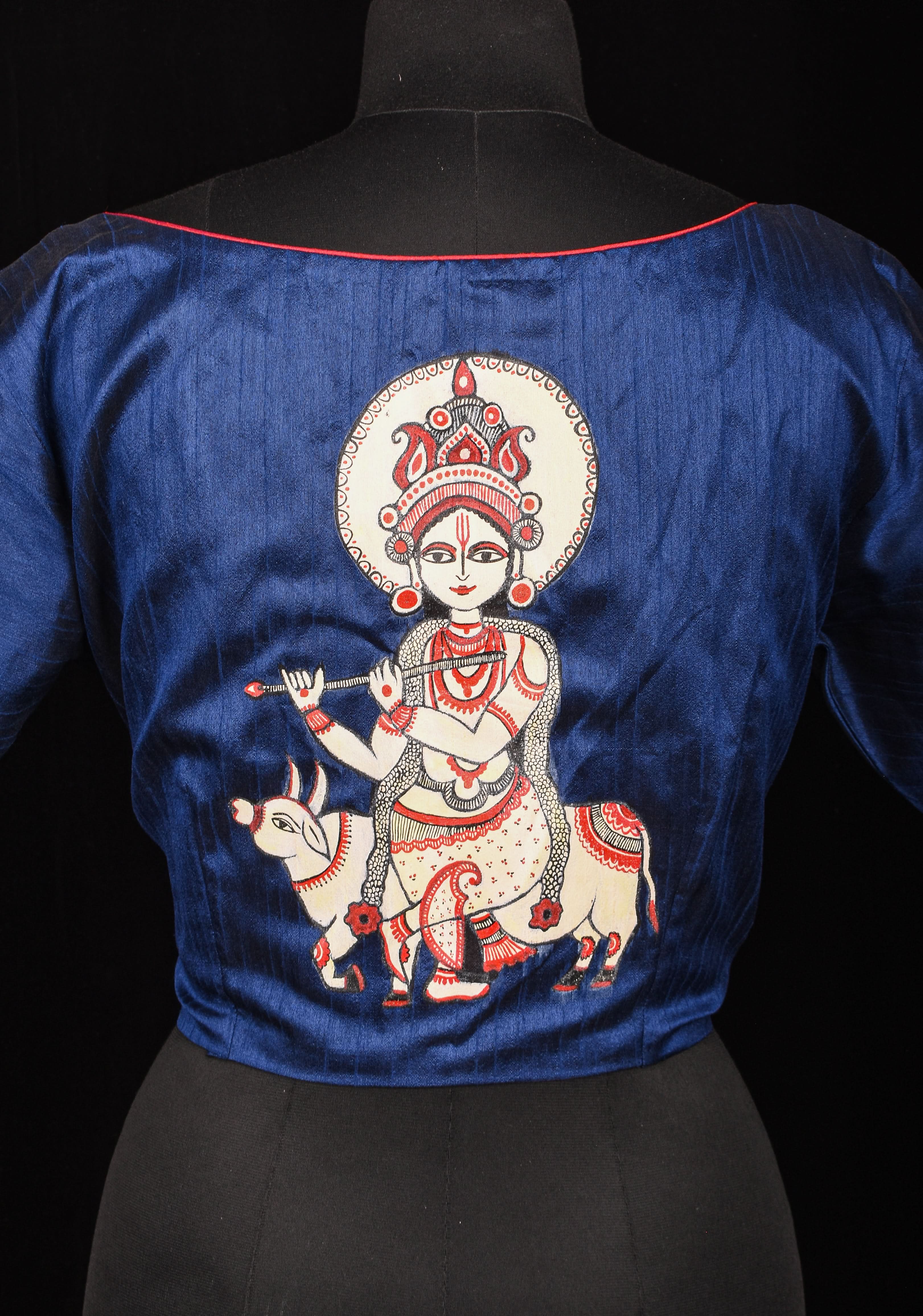 Size 42" Blue Krishna Hand Painted Blouse | Shobitam
