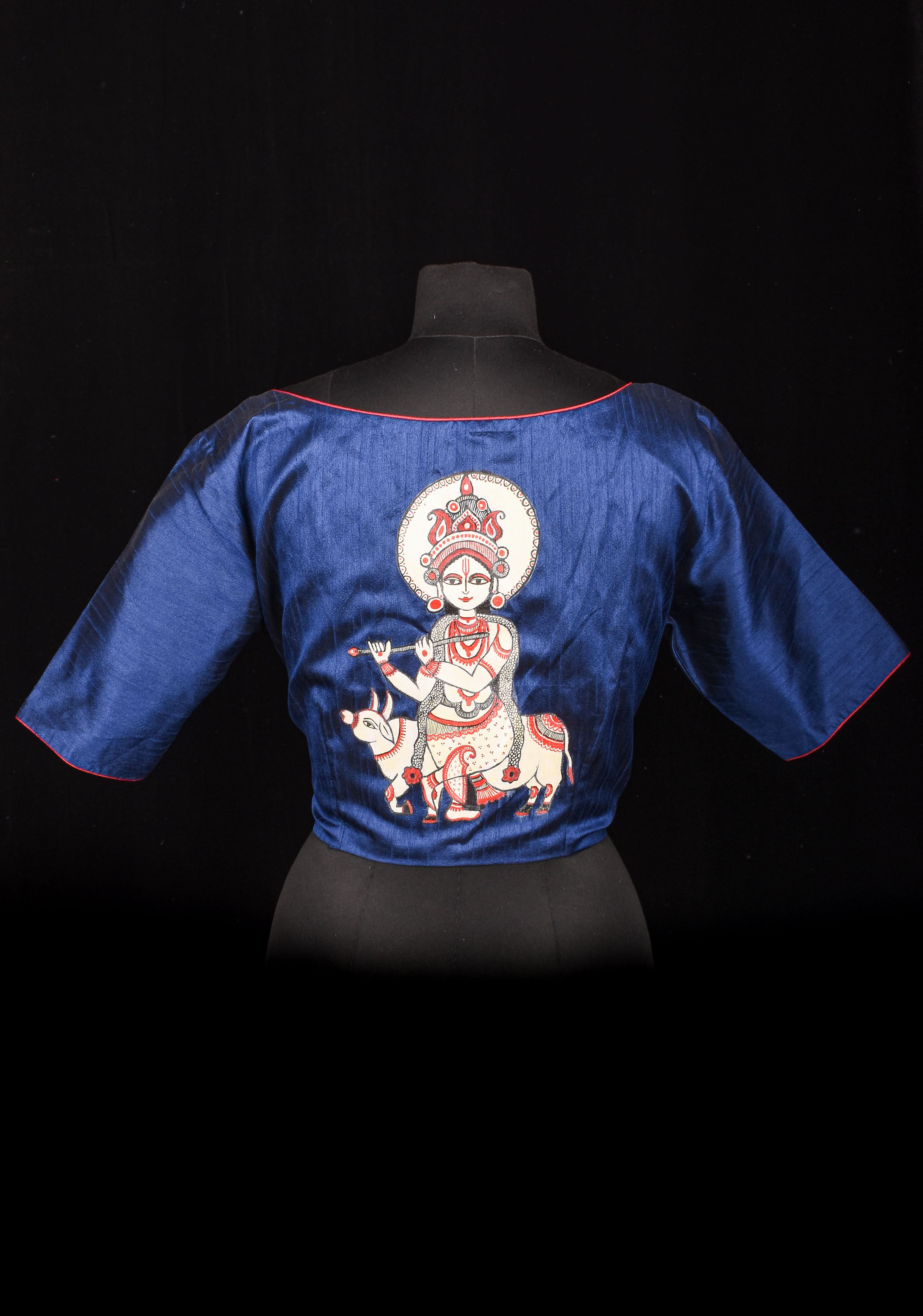 Size 42" Blue Krishna Hand Painted Blouse | Shobitam