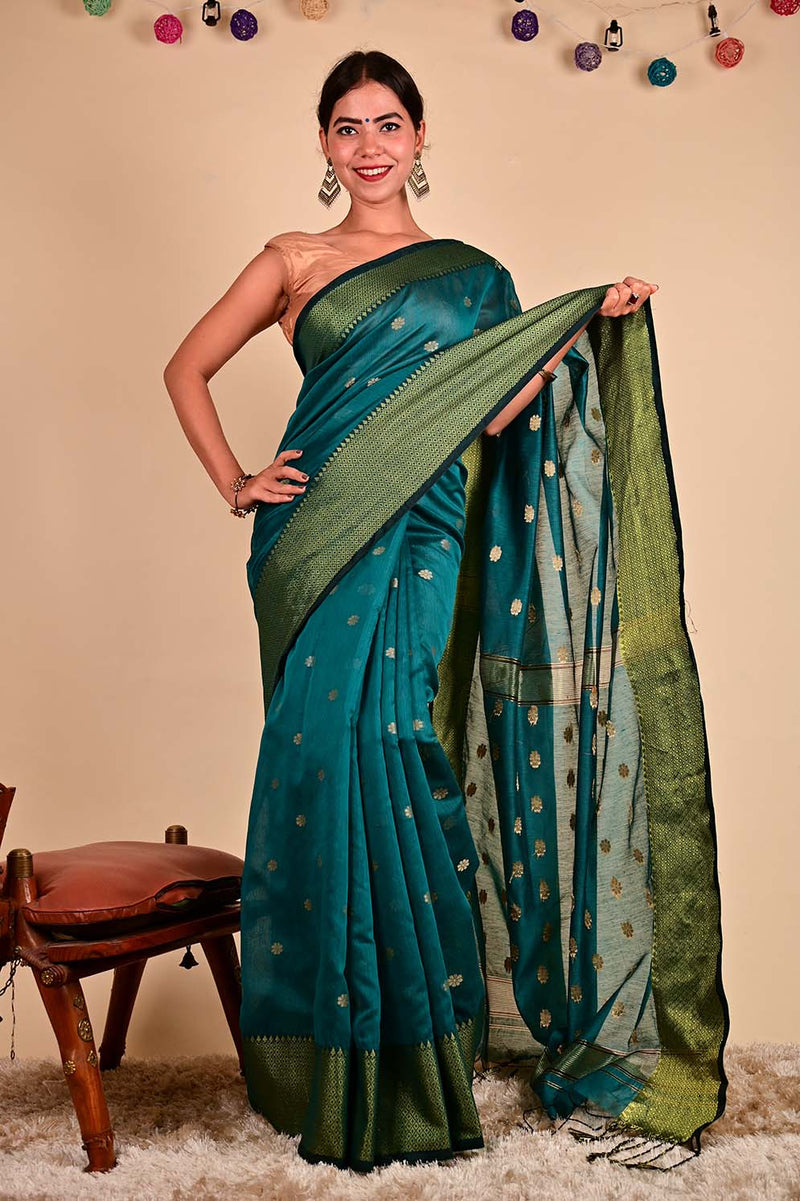 Ready To Wear Green Bhagalpuri Silk With zari Buttis  and ornate pallu with Tassels one minute saree - Isadora Life