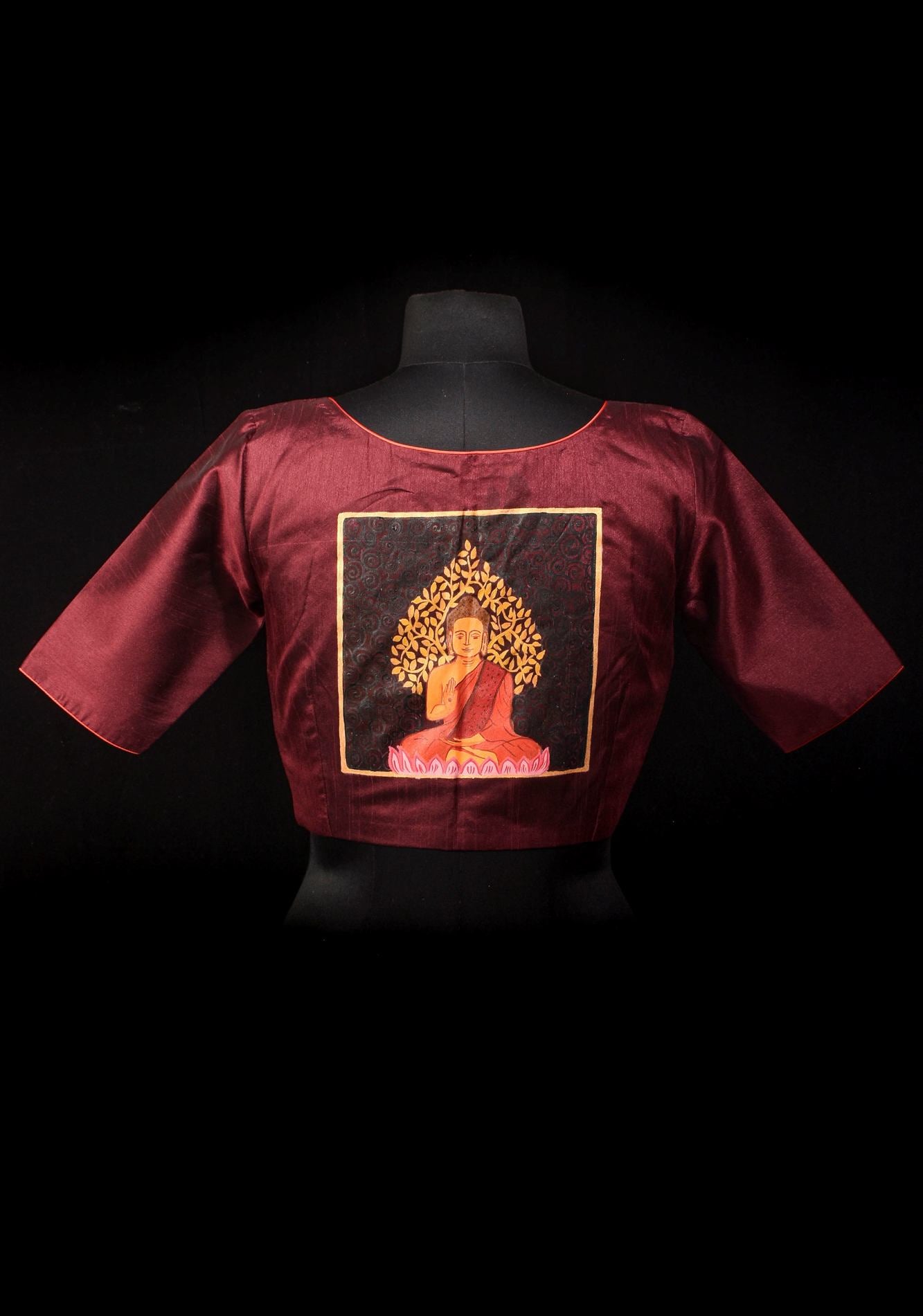 Size 36: Meditating Buddha - Authentic Hand painting on maroon semi silk blouse
