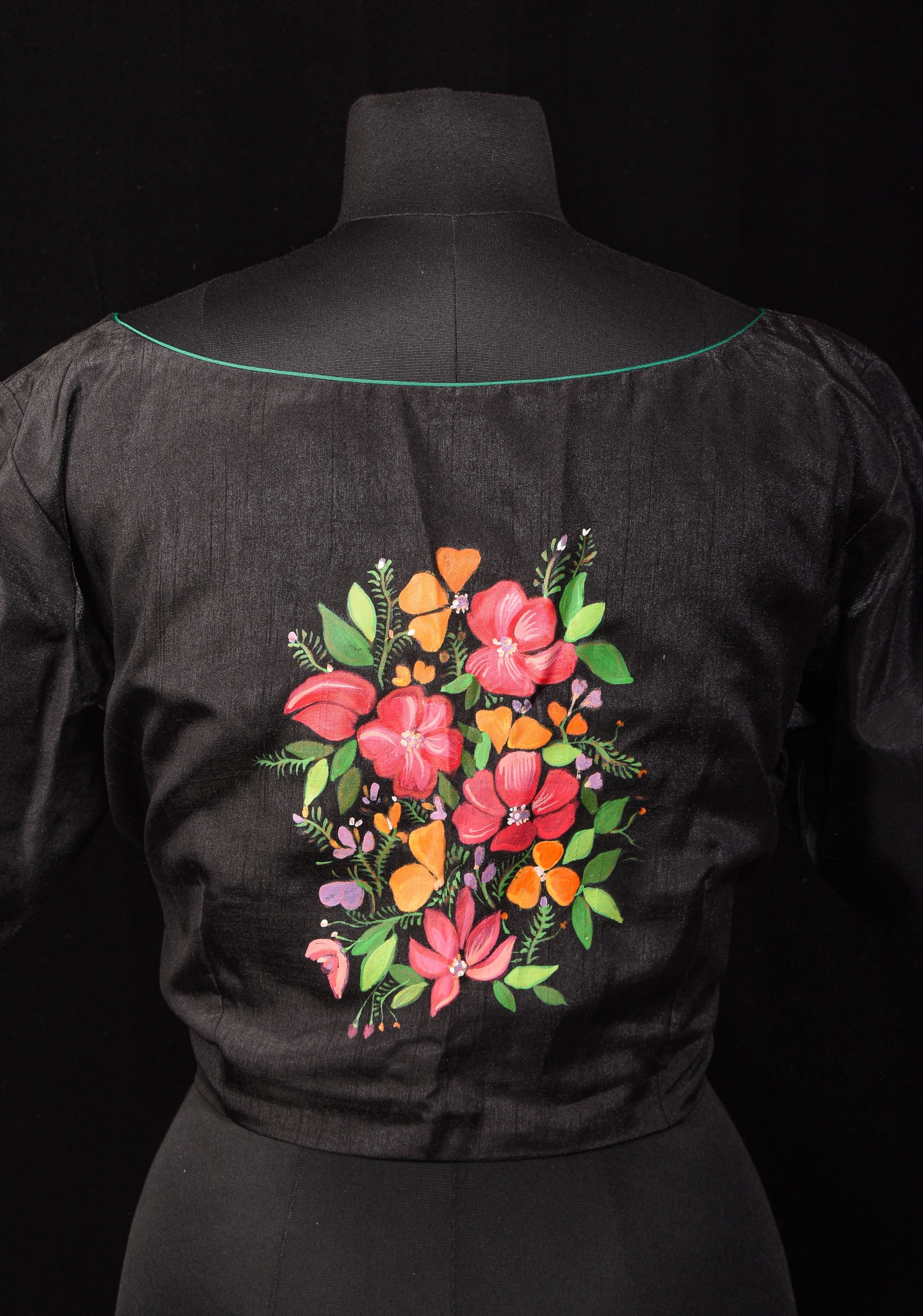 Floral - Authentic Hand painting on Black semi silk blouse | Shobitam