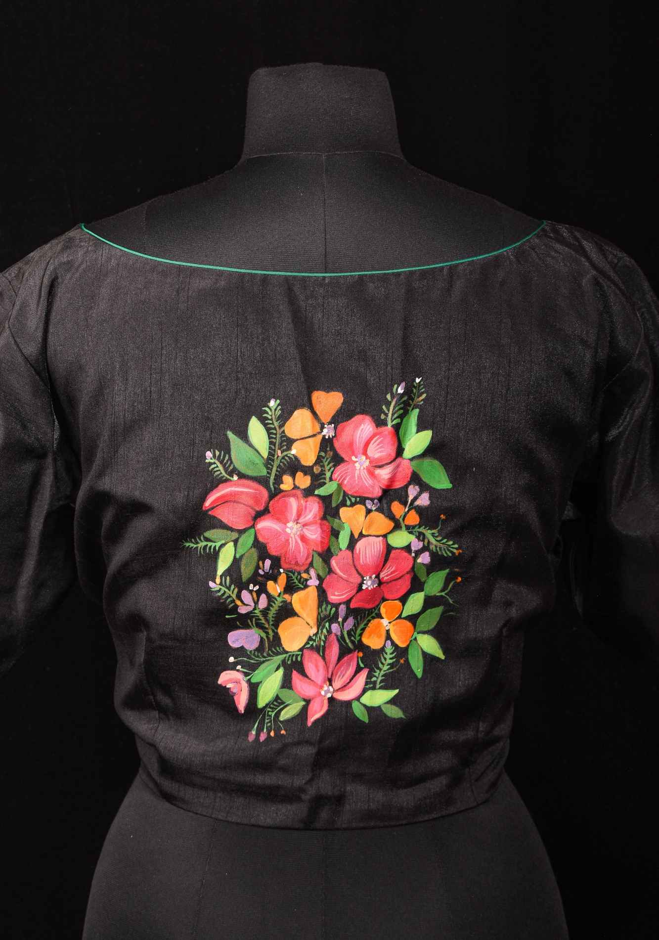 Floral - Authentic Hand painting on Black semi silk blouse