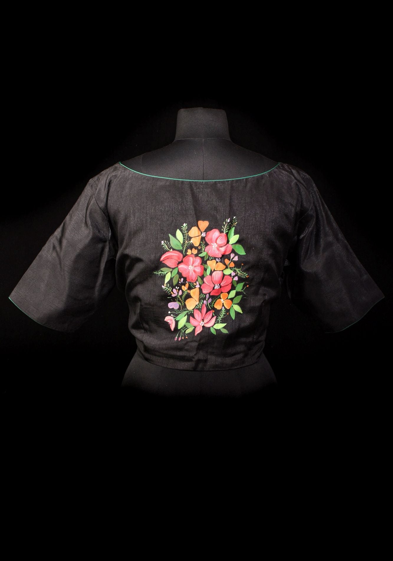 Floral - Authentic Hand painting on Black semi silk blouse