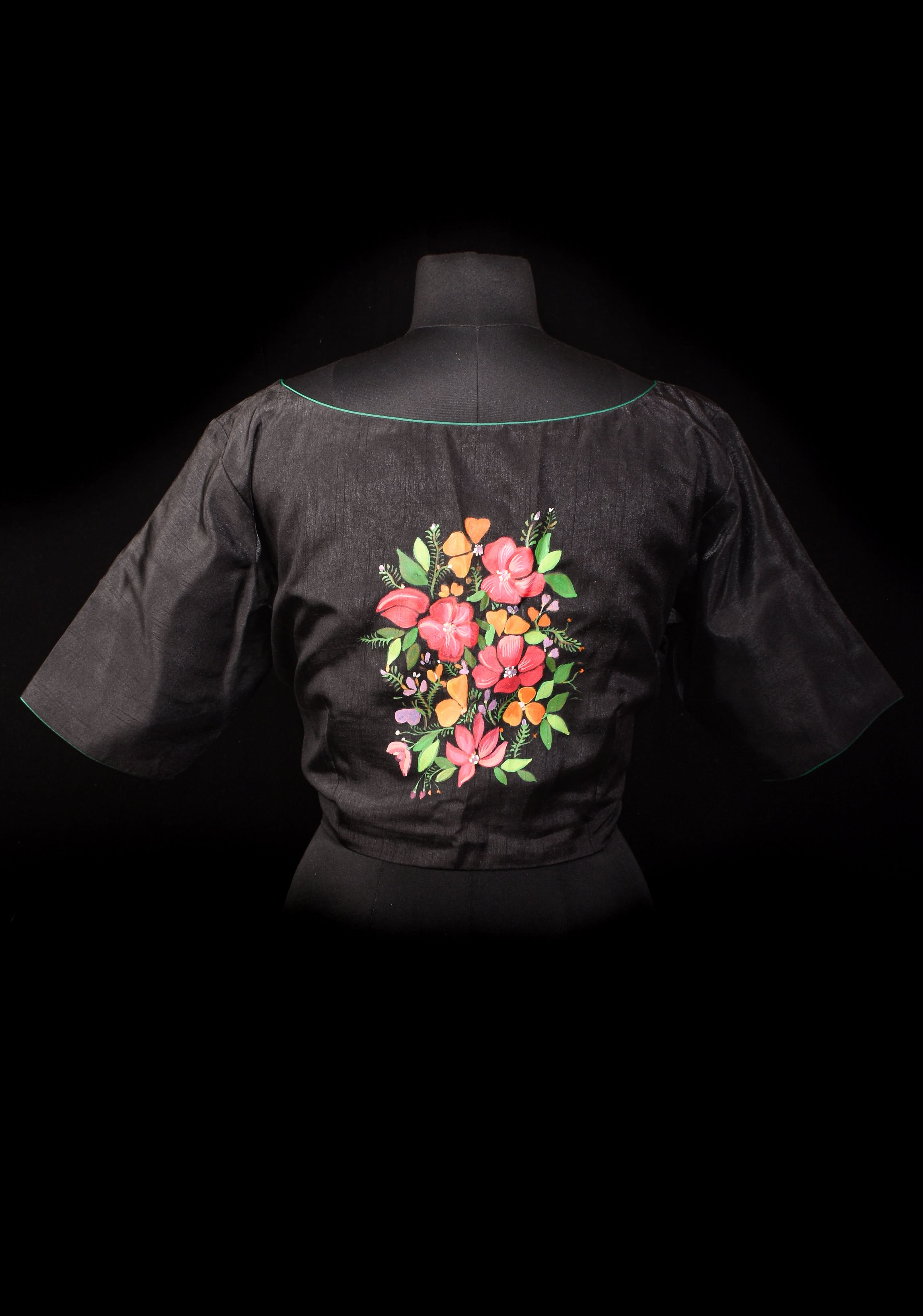 Floral - Authentic Hand painting on Black semi silk blouse | Shobitam