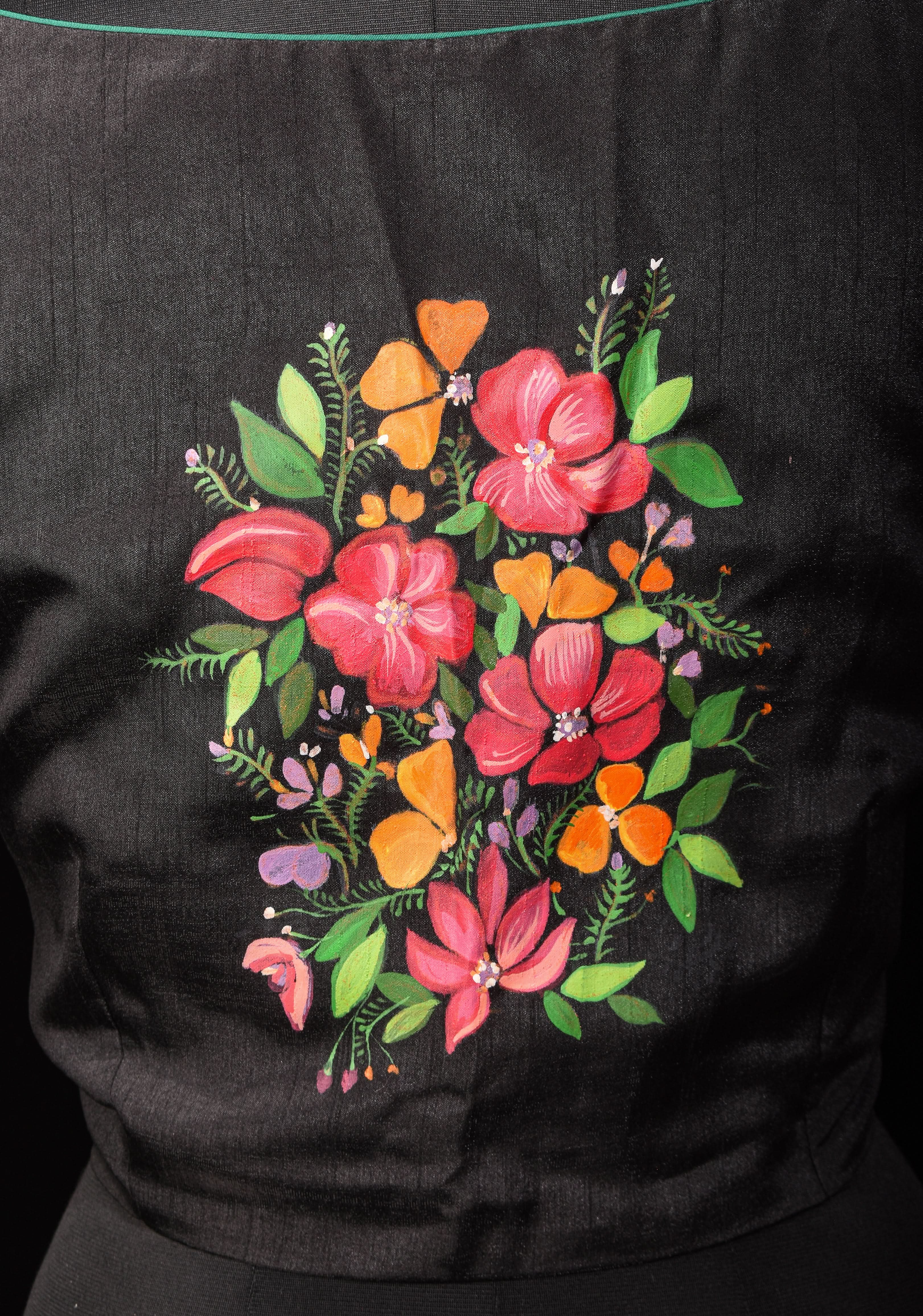 Floral - Authentic Hand painting on Black semi silk blouse | Shobitam