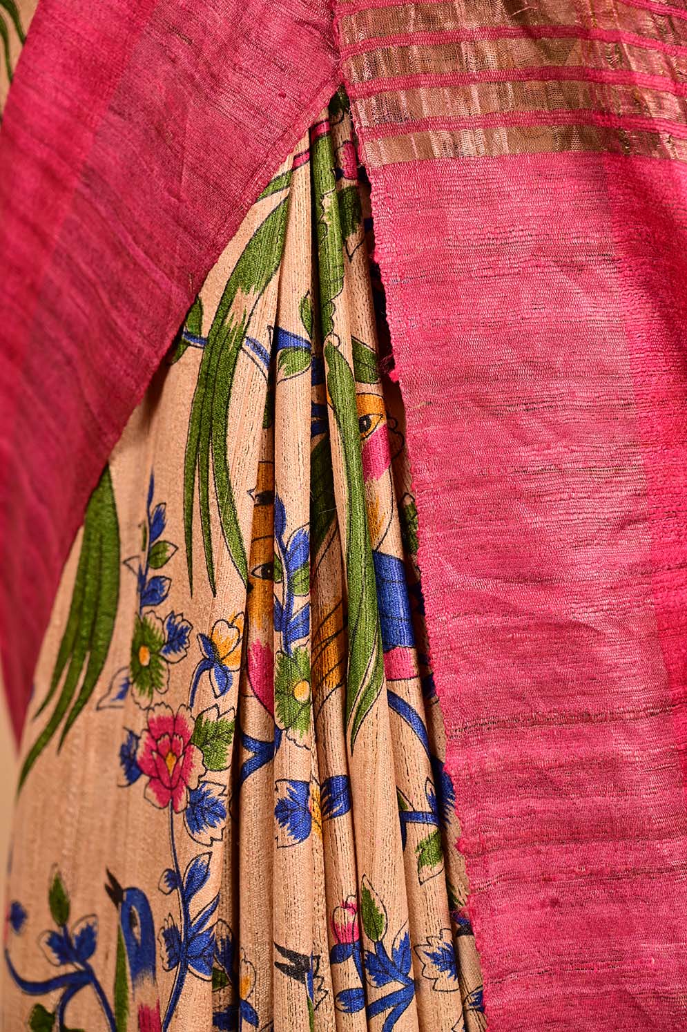 Ready To Wear Beige & Pink Giccha Silk With Madhubani Print & Copper Zari Border  Wrap in 1 minute saree - Isadora Life