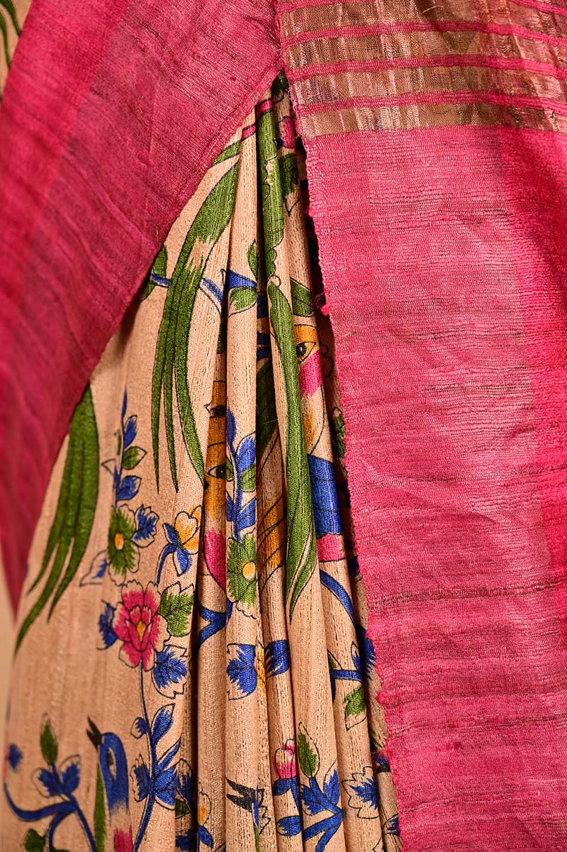 Ready To Wear Beige & Pink Giccha Silk With Madhubani Print & Copper Zari Border  Wrap in 1 minute saree - Isadora Life