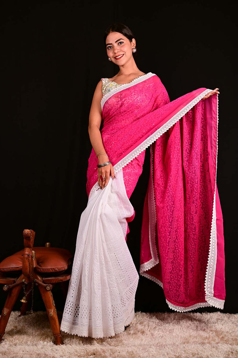 Ready To Wear Designer Hakoba Embroidery with Lucknow Chikan & Sequin work Pink and White  Half and Half  Wrap in 1 minute saree - Isadora Life