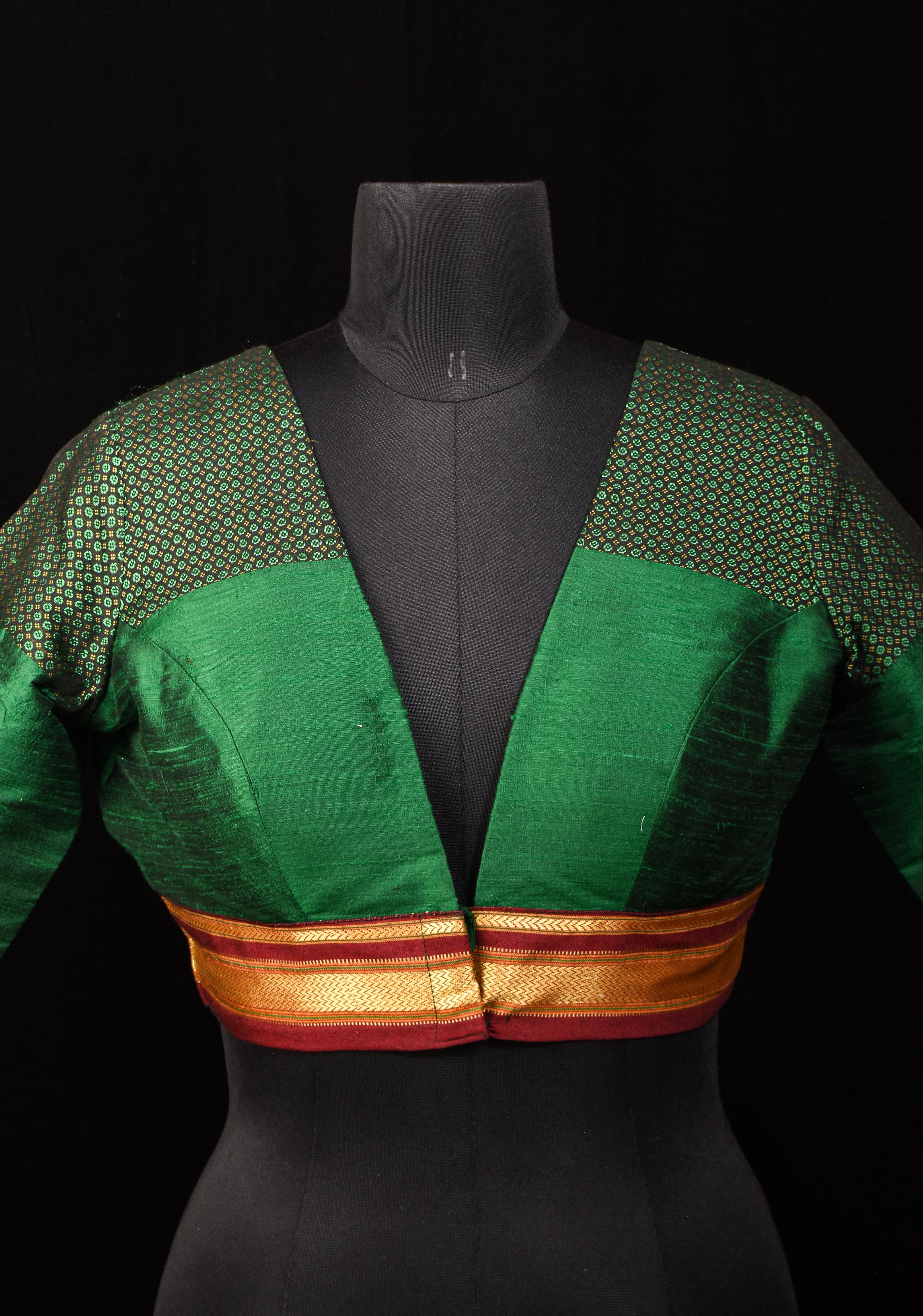 Emerald Green Pure Raw Silk Blouse with Plunge Neck and Khun detailing, Customizable, made to order | Shobitam
