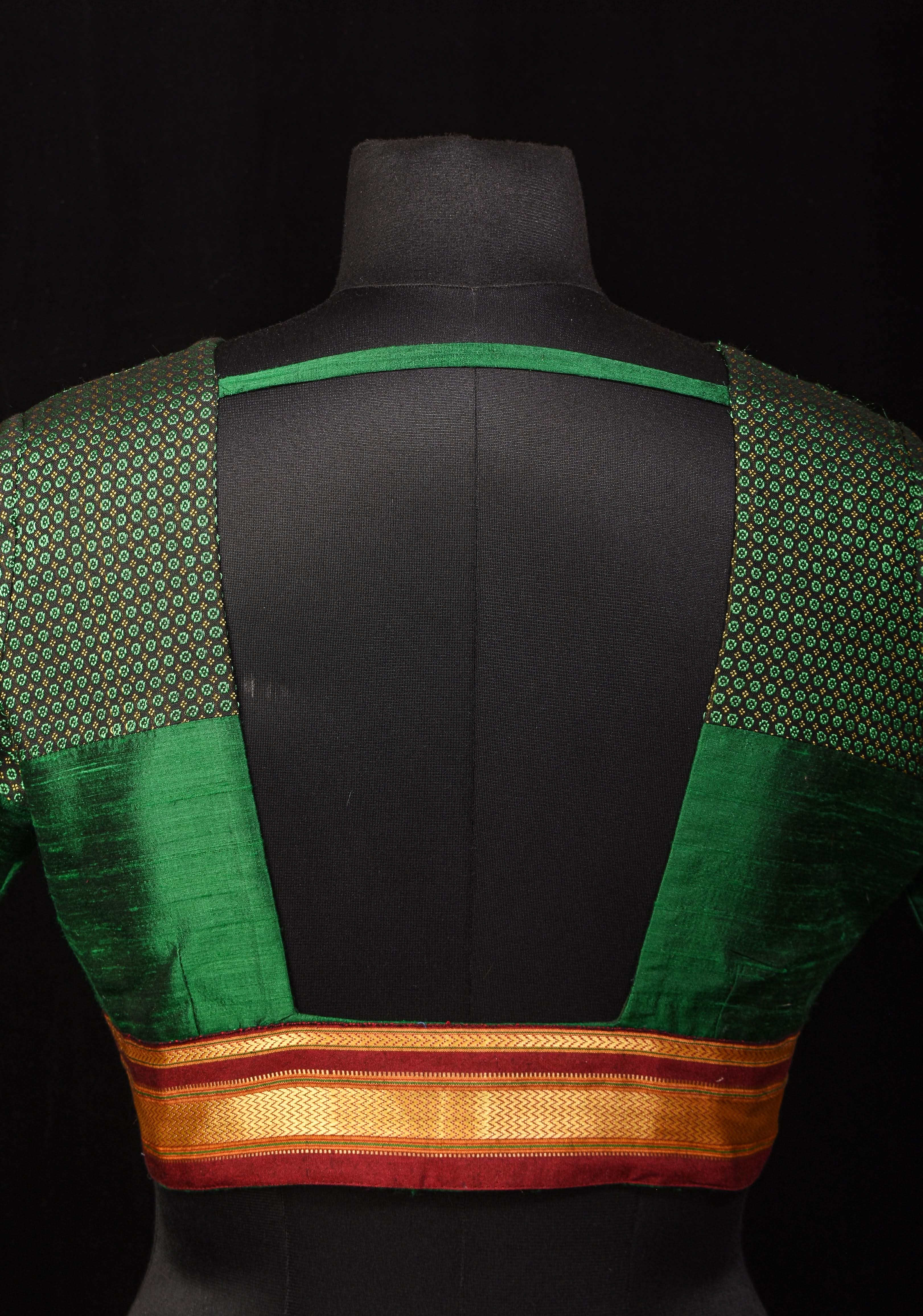 Emerald Green Pure Raw Silk Blouse with Plunge Neck and Khun detailing, Customizable, made to order | Shobitam