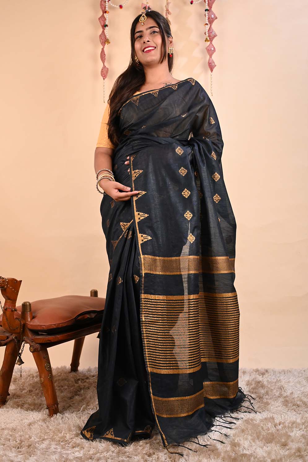 Ready To Wear Handwoven Linen Slub Black Zari interwoven Buttis Wrap in 1 minute saree - Isadora Life