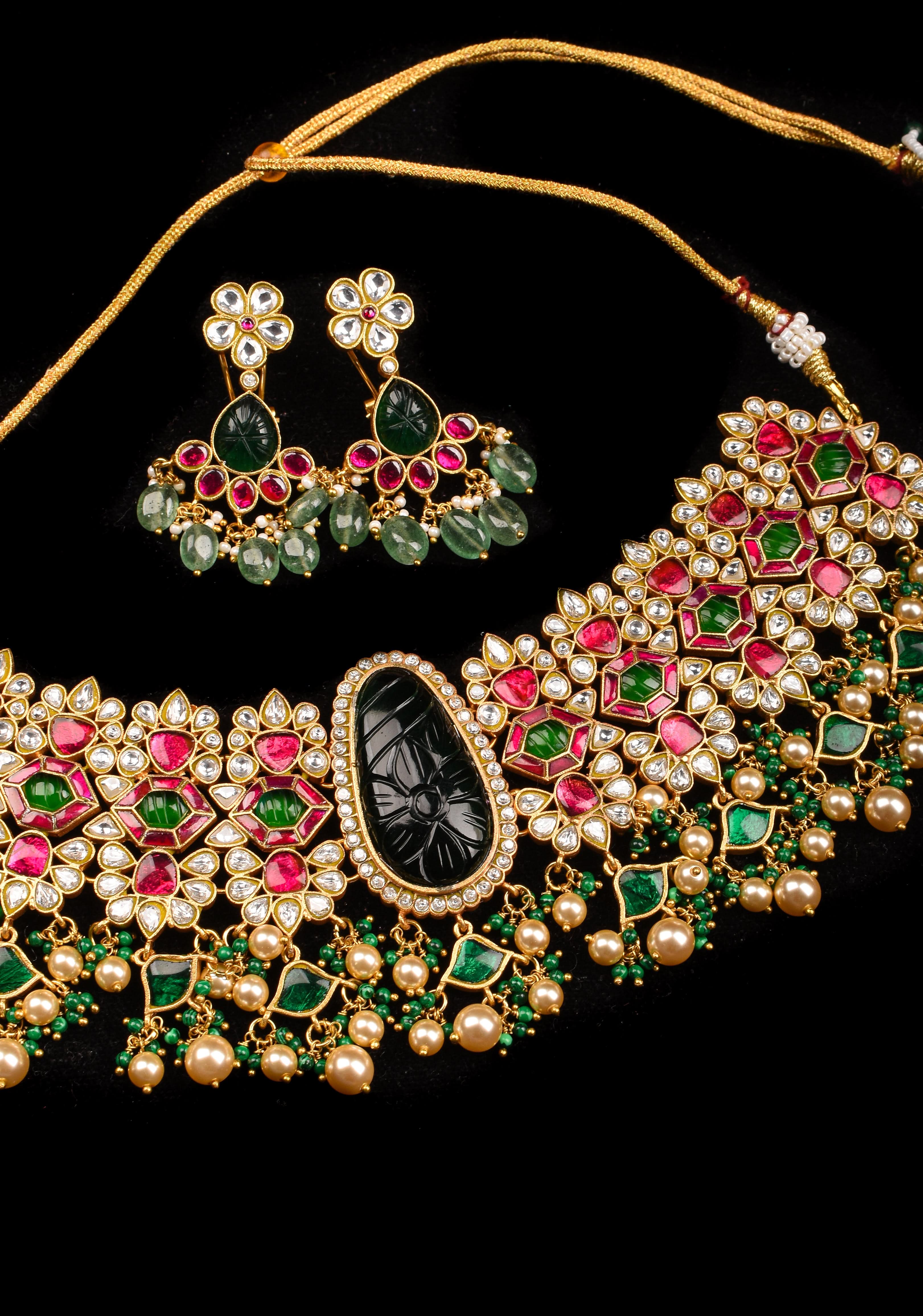 Traditional Jadau Kundan Choker Set With Dangling Pearls And Matching Earrings | SHOBITAM