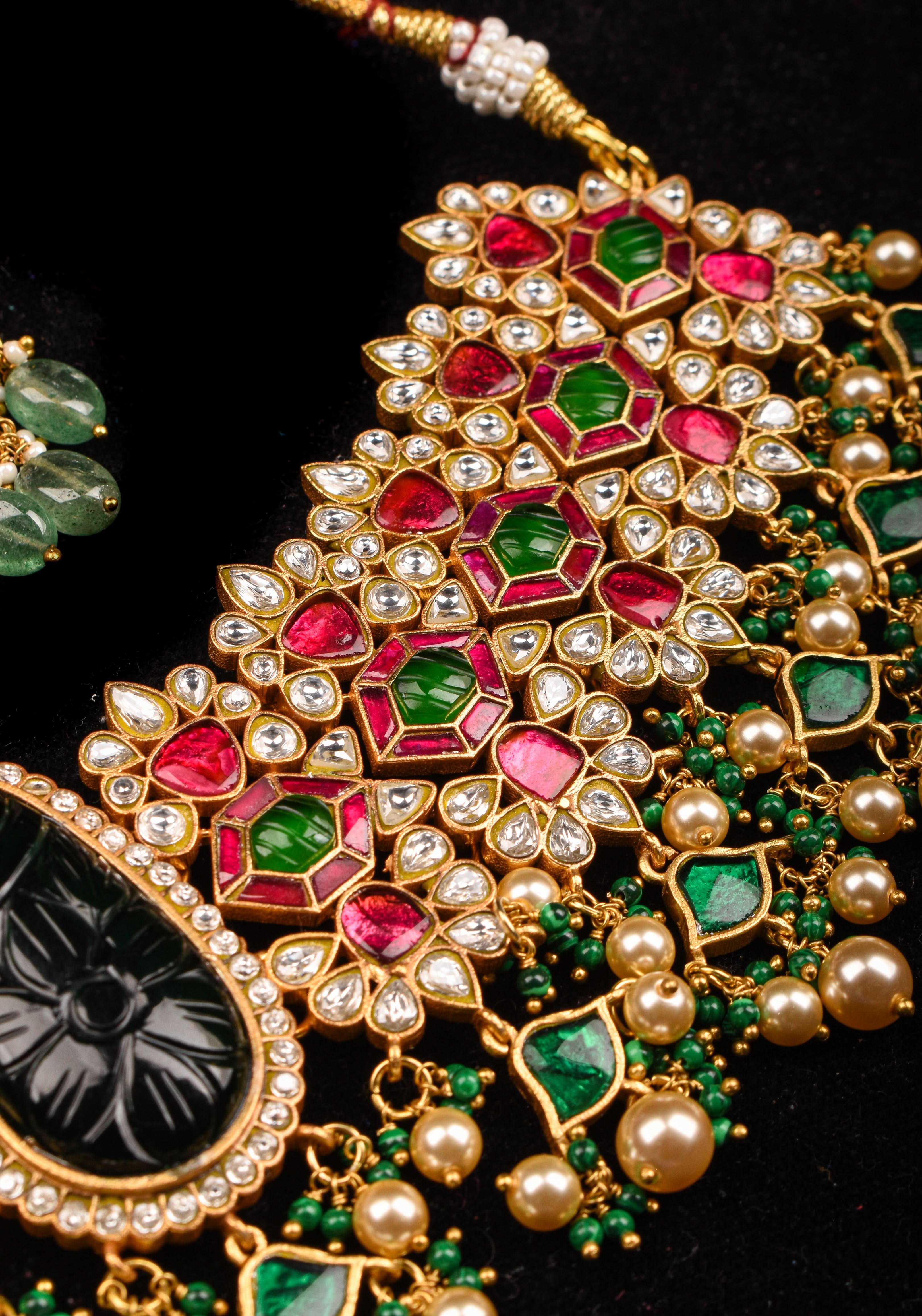 Traditional Jadau Kundan Choker Set With Dangling Pearls And Matching Earrings | SHOBITAM