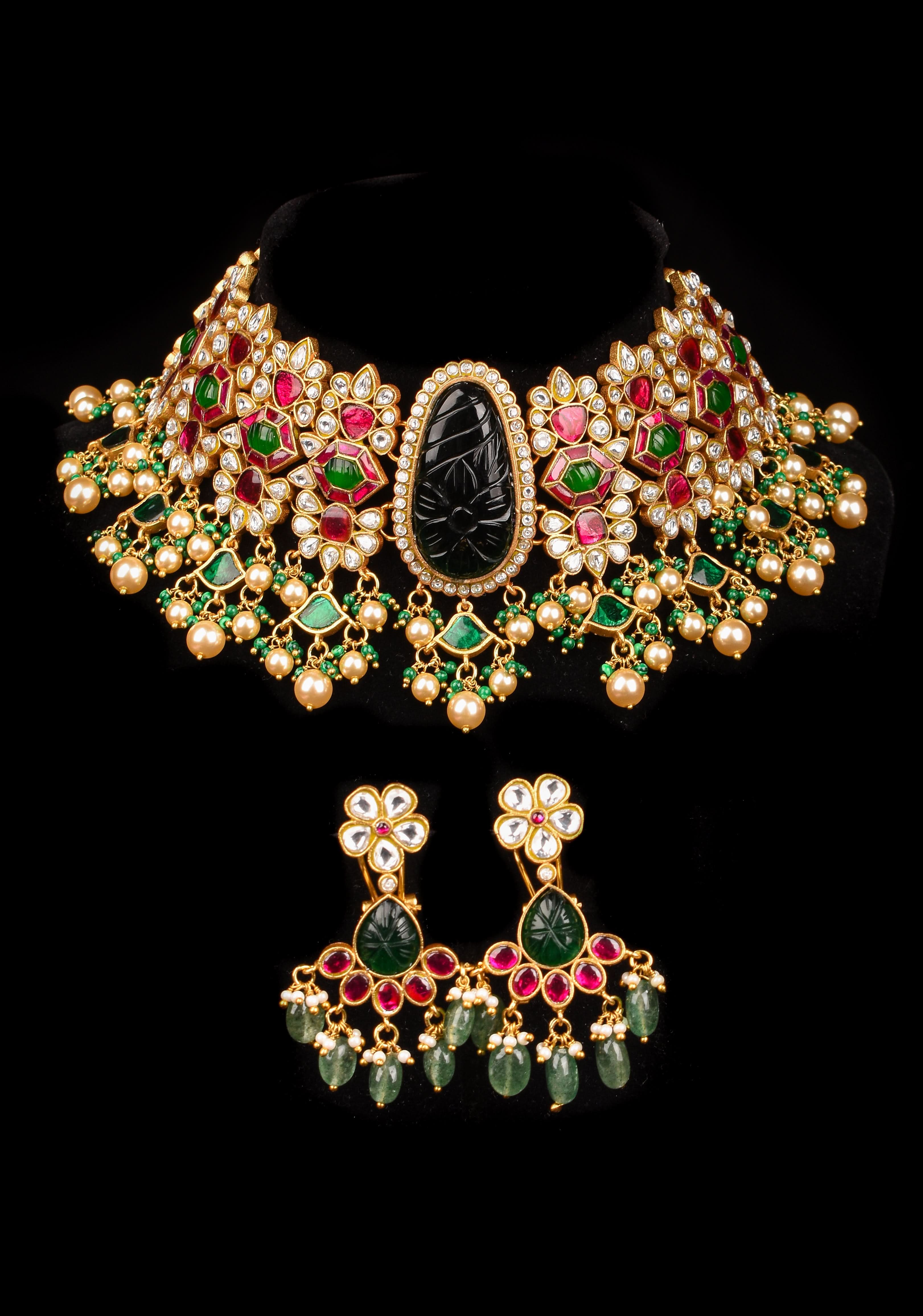 Traditional Jadau Kundan Choker Set With Dangling Pearls And Matching Earrings | SHOBITAM