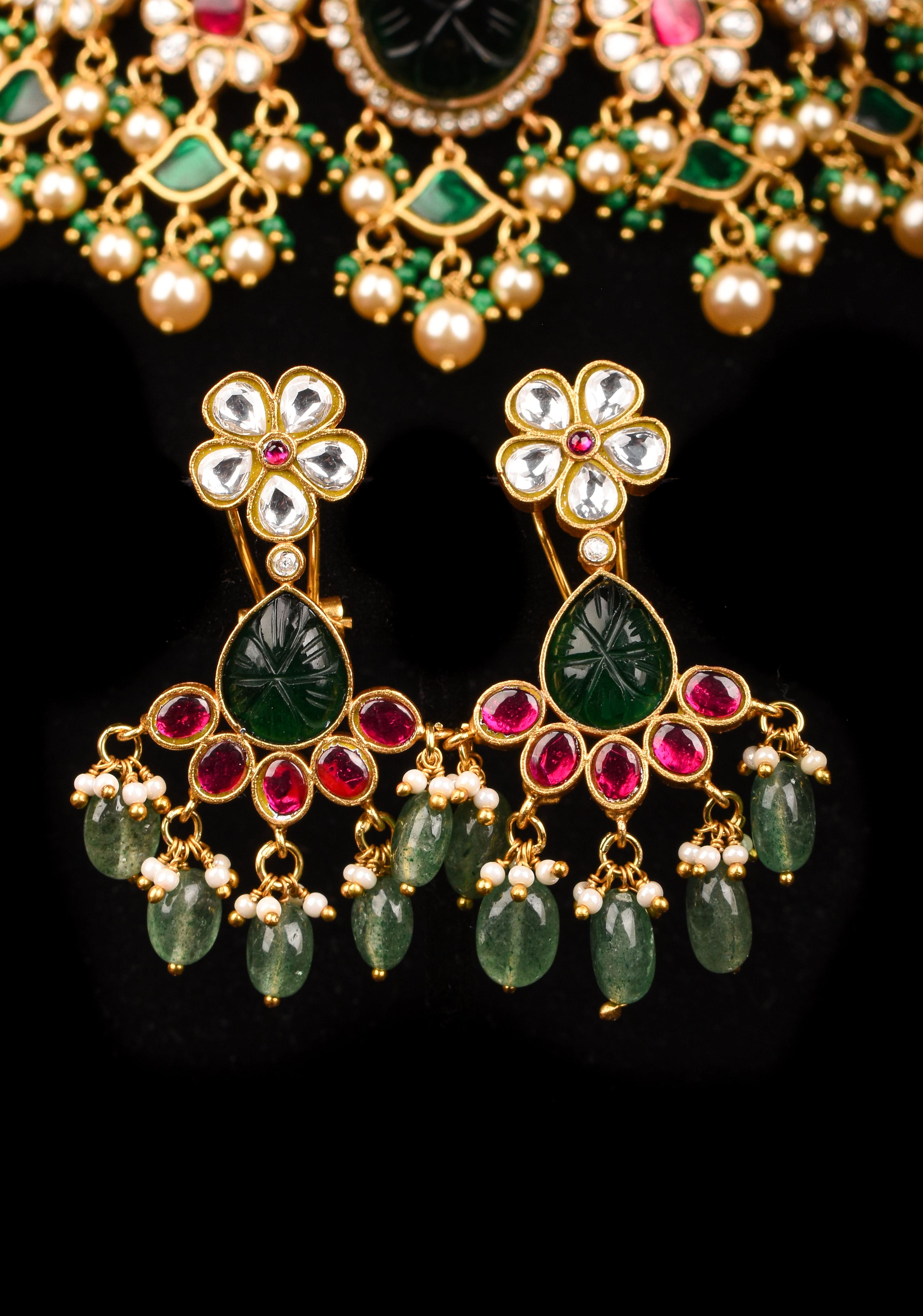Traditional Jadau Kundan Choker Set With Dangling Pearls And Matching Earrings | SHOBITAM