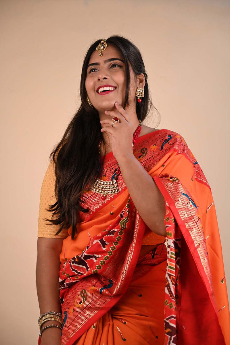 Ready To Wear Coral Orange With Madhubani Printed Contrast Border  Wrap in 1 minute saree - Isadora Life