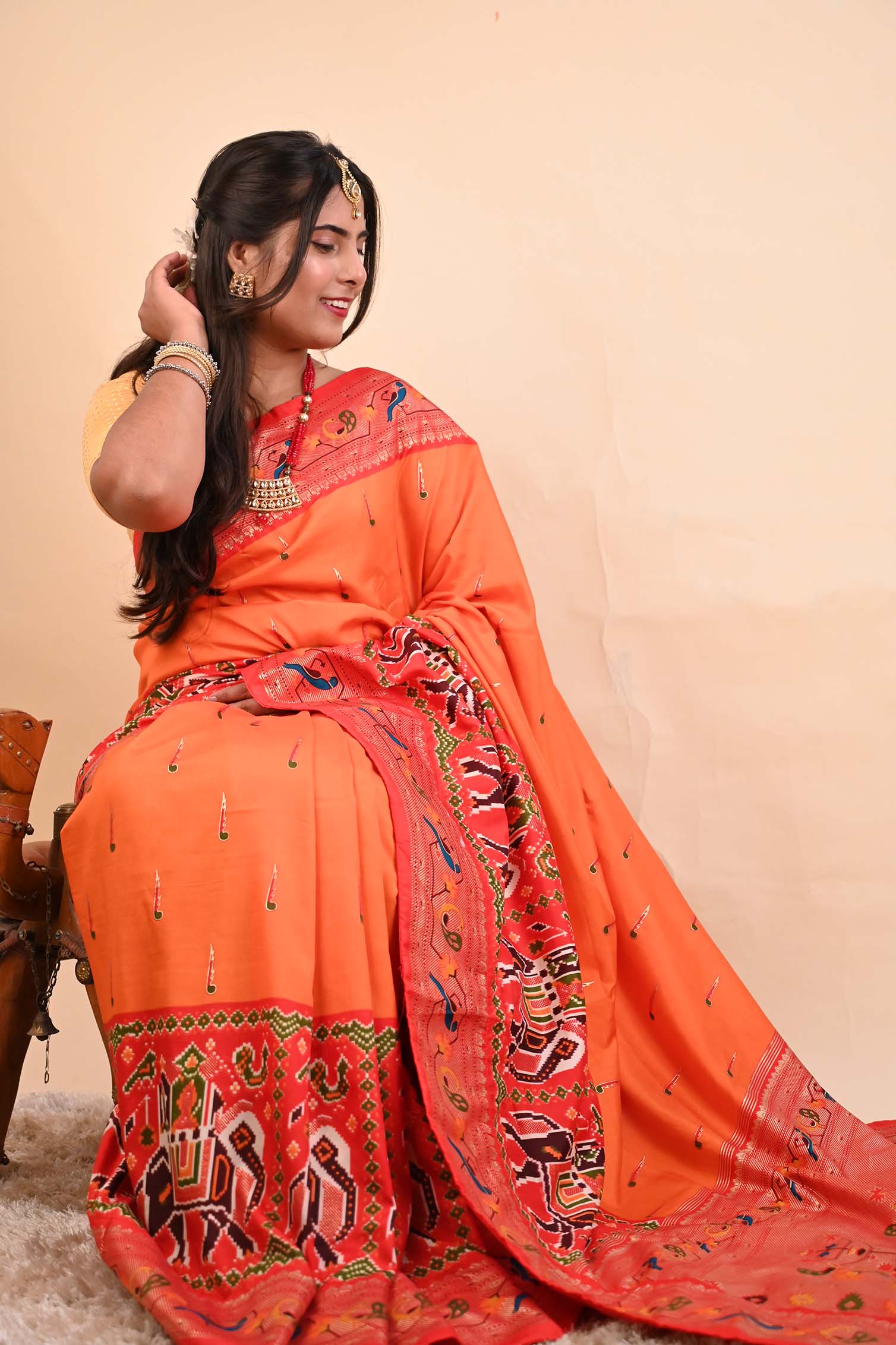 Ready To Wear Coral Orange With Madhubani Printed Contrast Border  Wrap in 1 minute saree - Isadora Life
