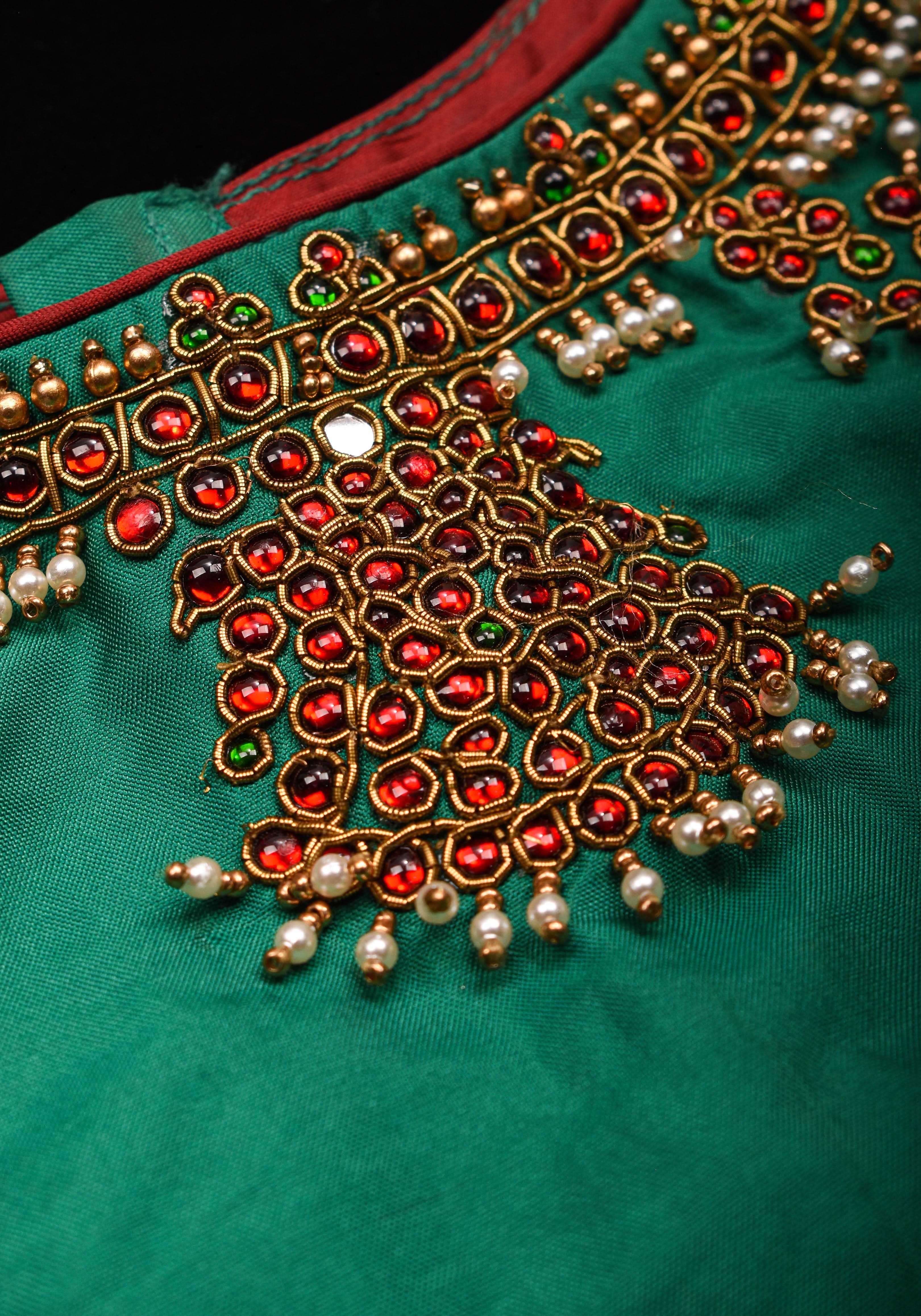 Green  Necklace Design Jadau Ornamental Sleeveless Blouse in Emerald Green Silk , Made to Order | Shobitam