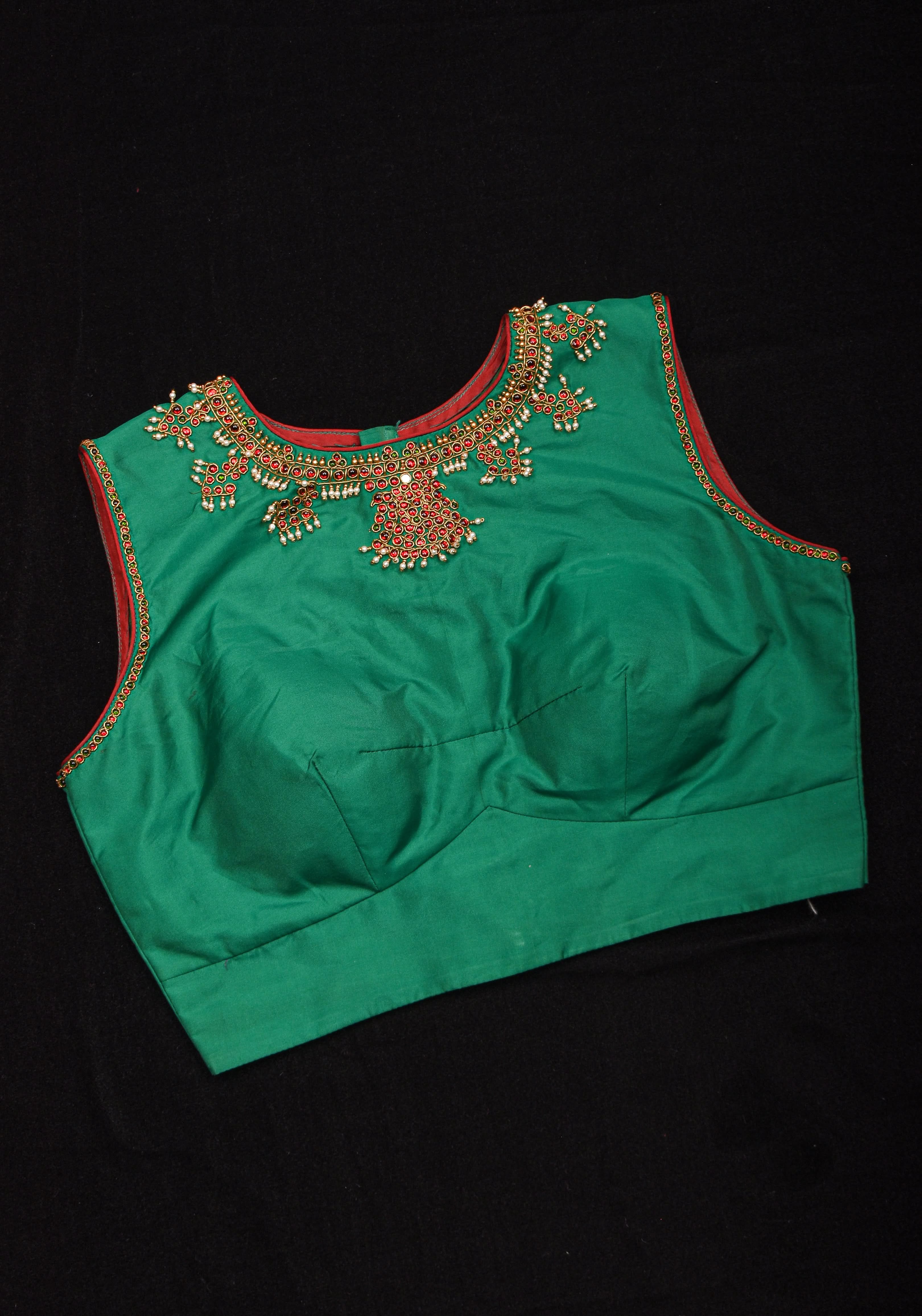 Green  Necklace Design Jadau Ornamental Sleeveless Blouse in Emerald Green Silk , Made to Order | Shobitam