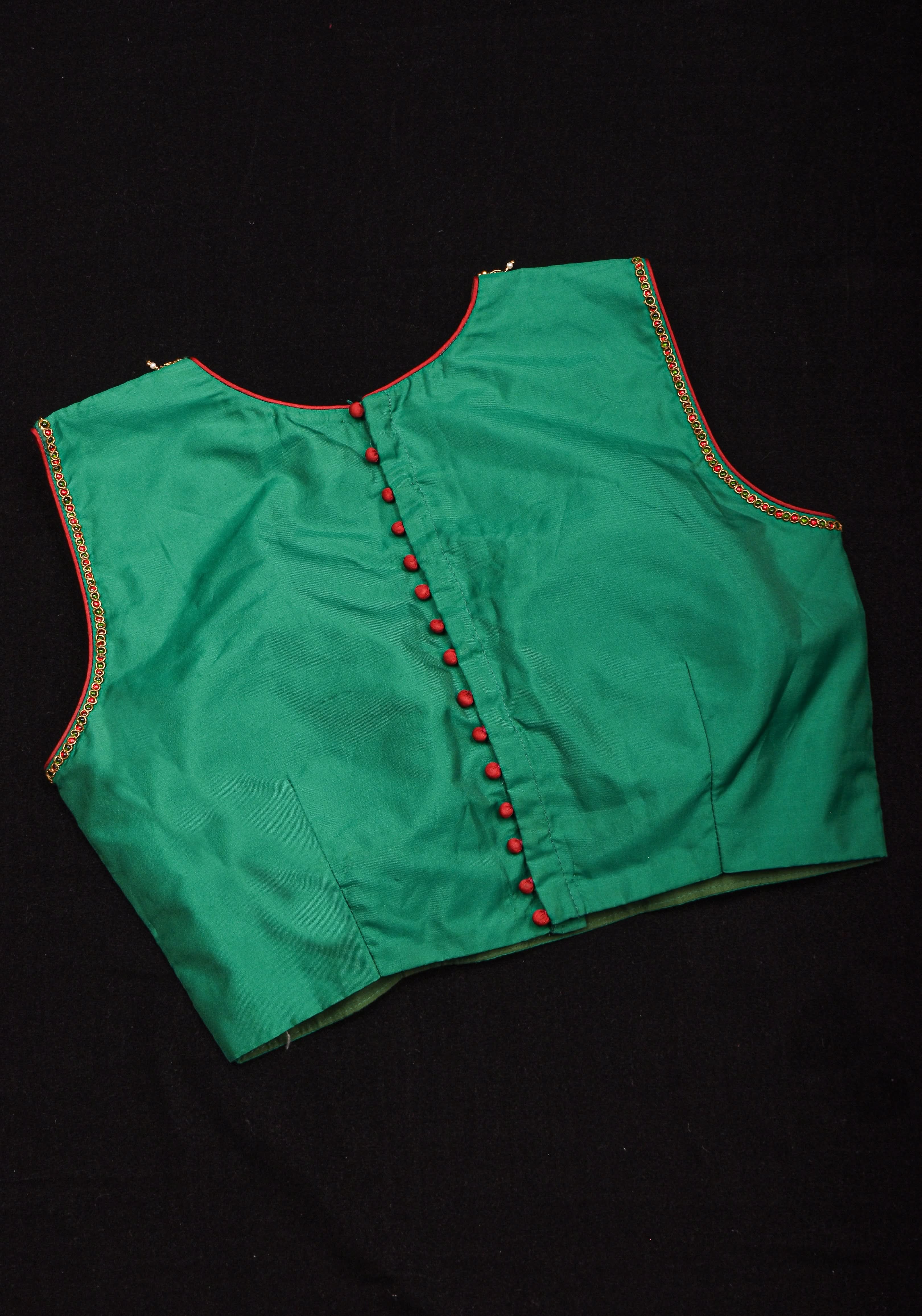 Green  Necklace Design Jadau Ornamental Sleeveless Blouse in Emerald Green Silk , Made to Order | Shobitam