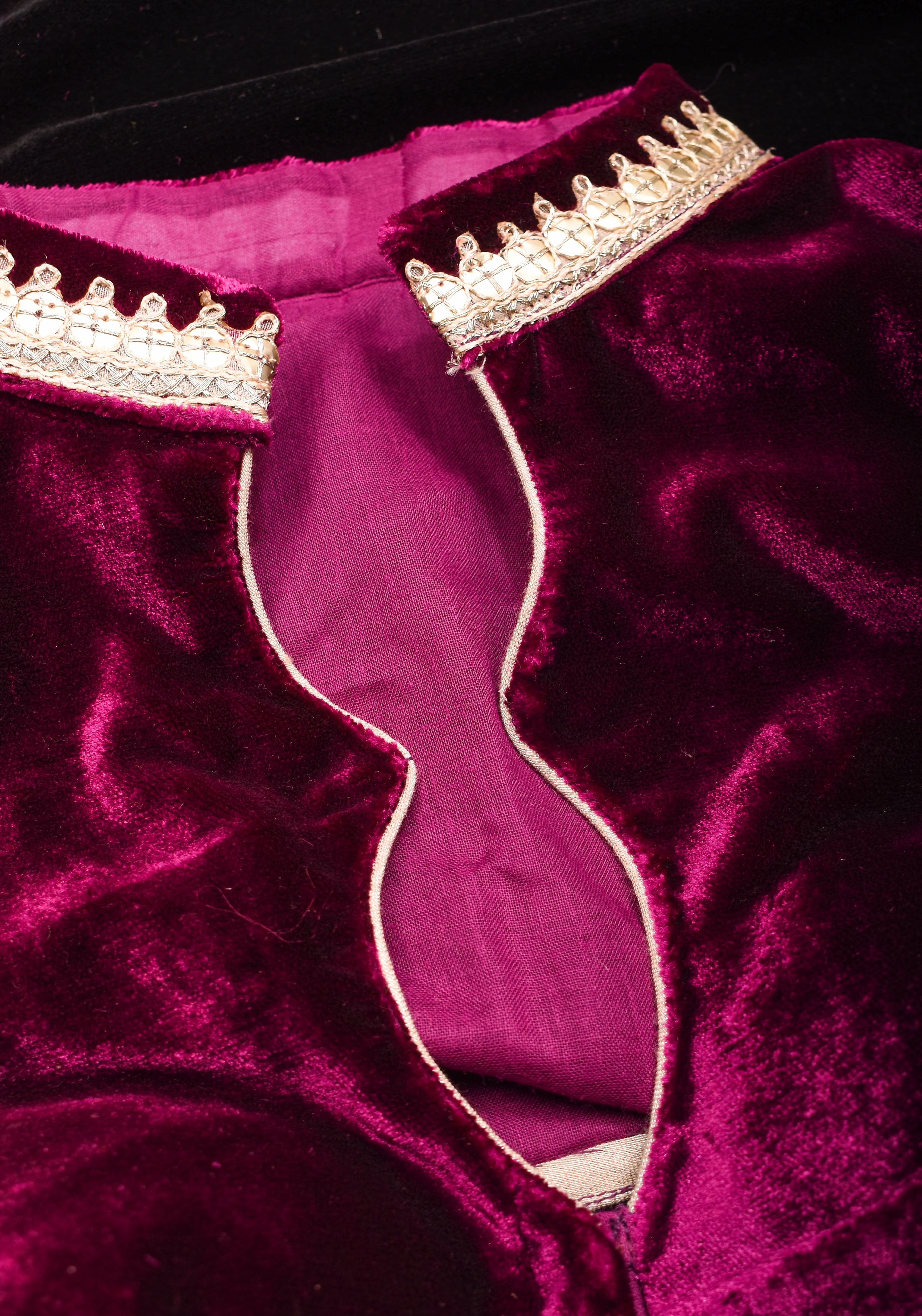 Purple Velvet Blouse with Double Keyhole Neck, back cutout and Gota Patti Detailing | Shobitam