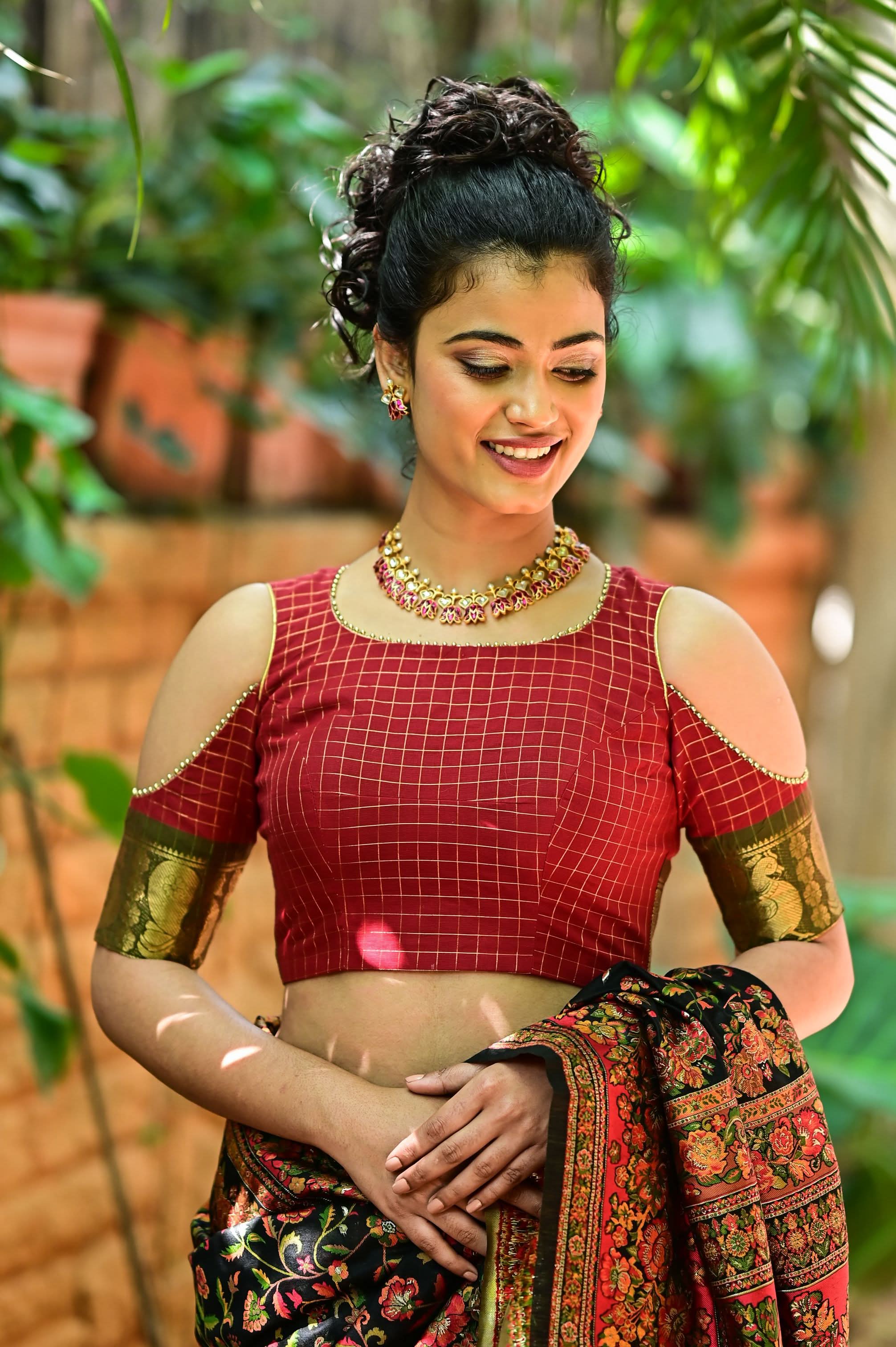 Red checked chettinadu cotton closed U neck with cold shoulder sleeves | Shobitam