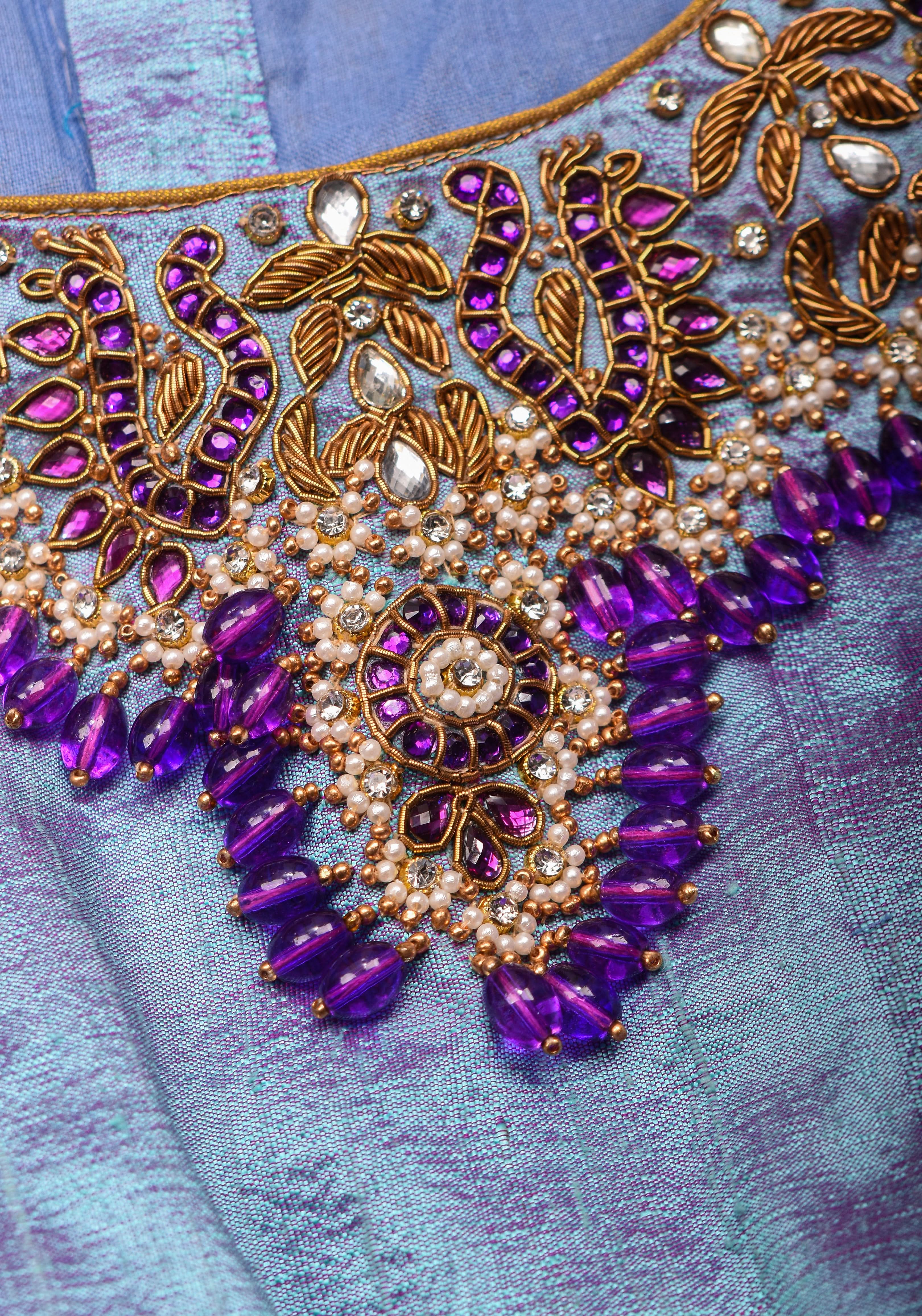 Periwinkle Pure Raw Silk blouse with Necklace and bajubandh hand jadau embroidery, Made to Order | Shobitam