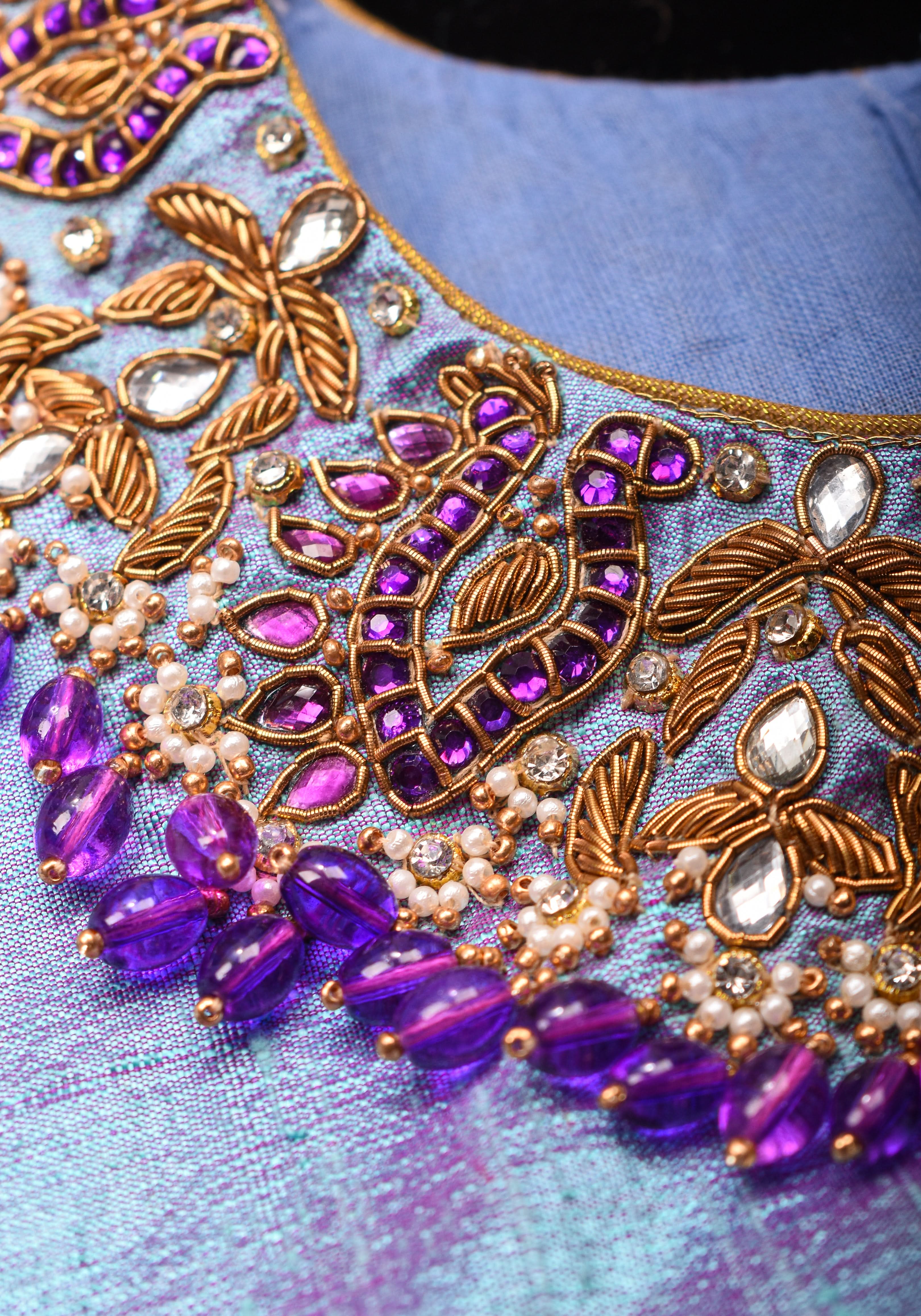 Periwinkle Pure Raw Silk blouse with Necklace and bajubandh hand jadau embroidery, Made to Order | Shobitam