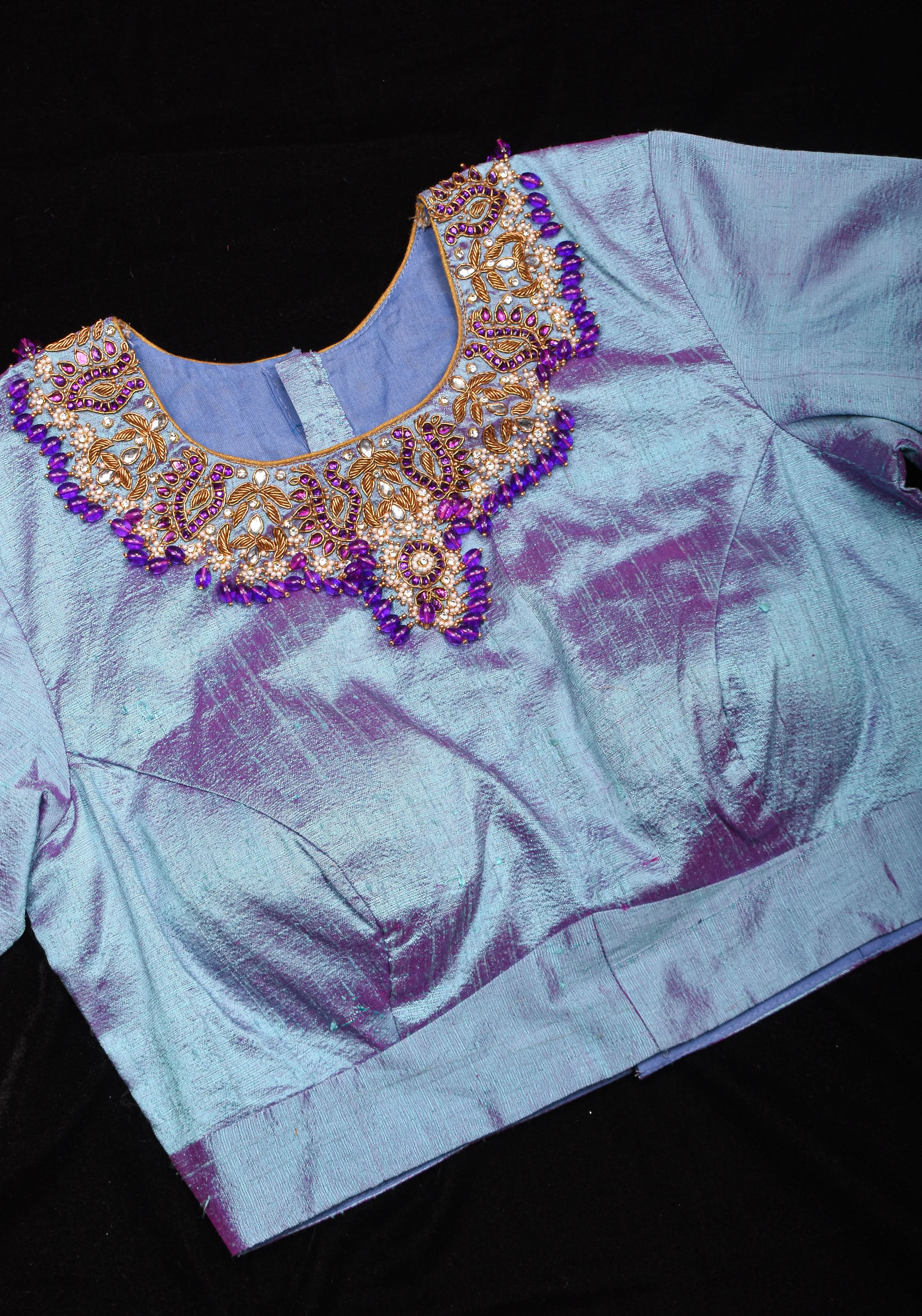 Periwinkle Pure Raw Silk blouse with Necklace and bajubandh hand jadau embroidery, Made to Order | Shobitam