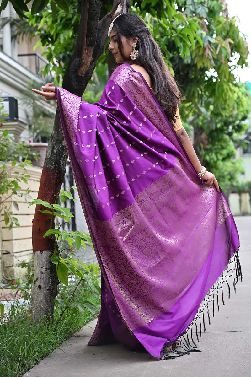 Ready To Wear Royal Purple Banarasi zari woven Wrap in 1 minute saree - Isadora Life