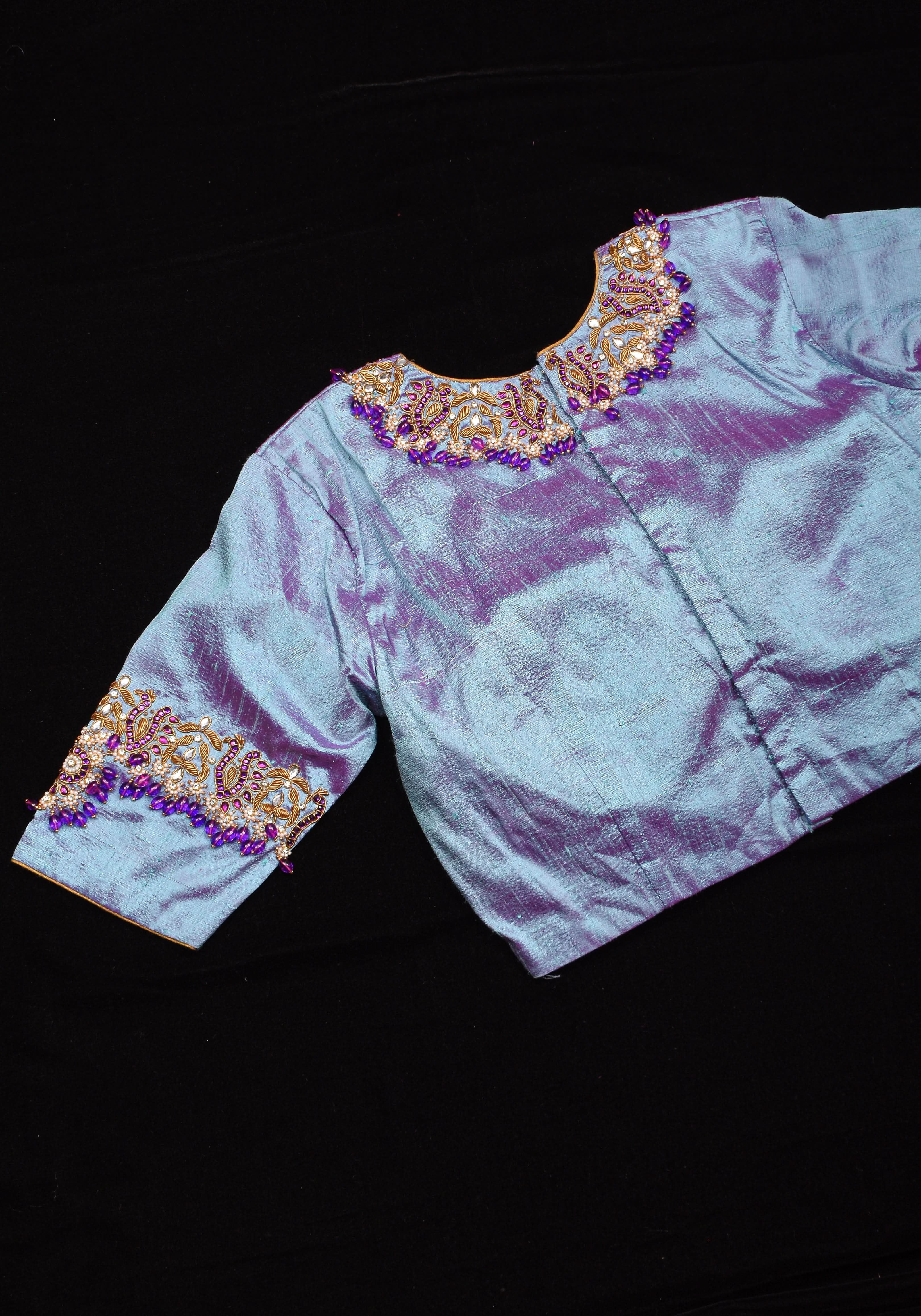 Periwinkle Pure Raw Silk blouse with Necklace and bajubandh hand jadau embroidery, Made to Order | Shobitam