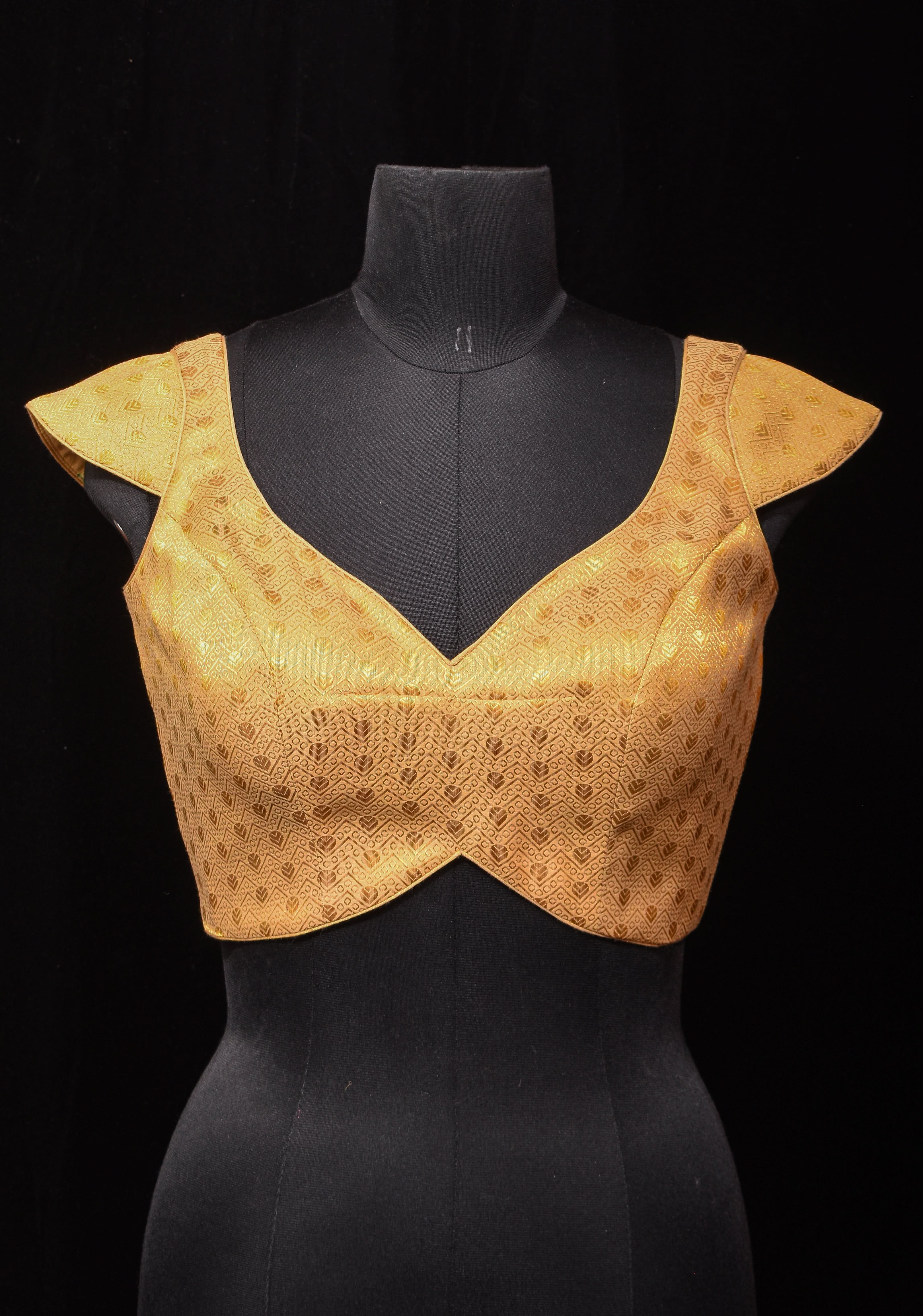Golden Brocade blouse with Cap Sleeve and Leaf Neck, Customizable, Made To Order | Shobitam