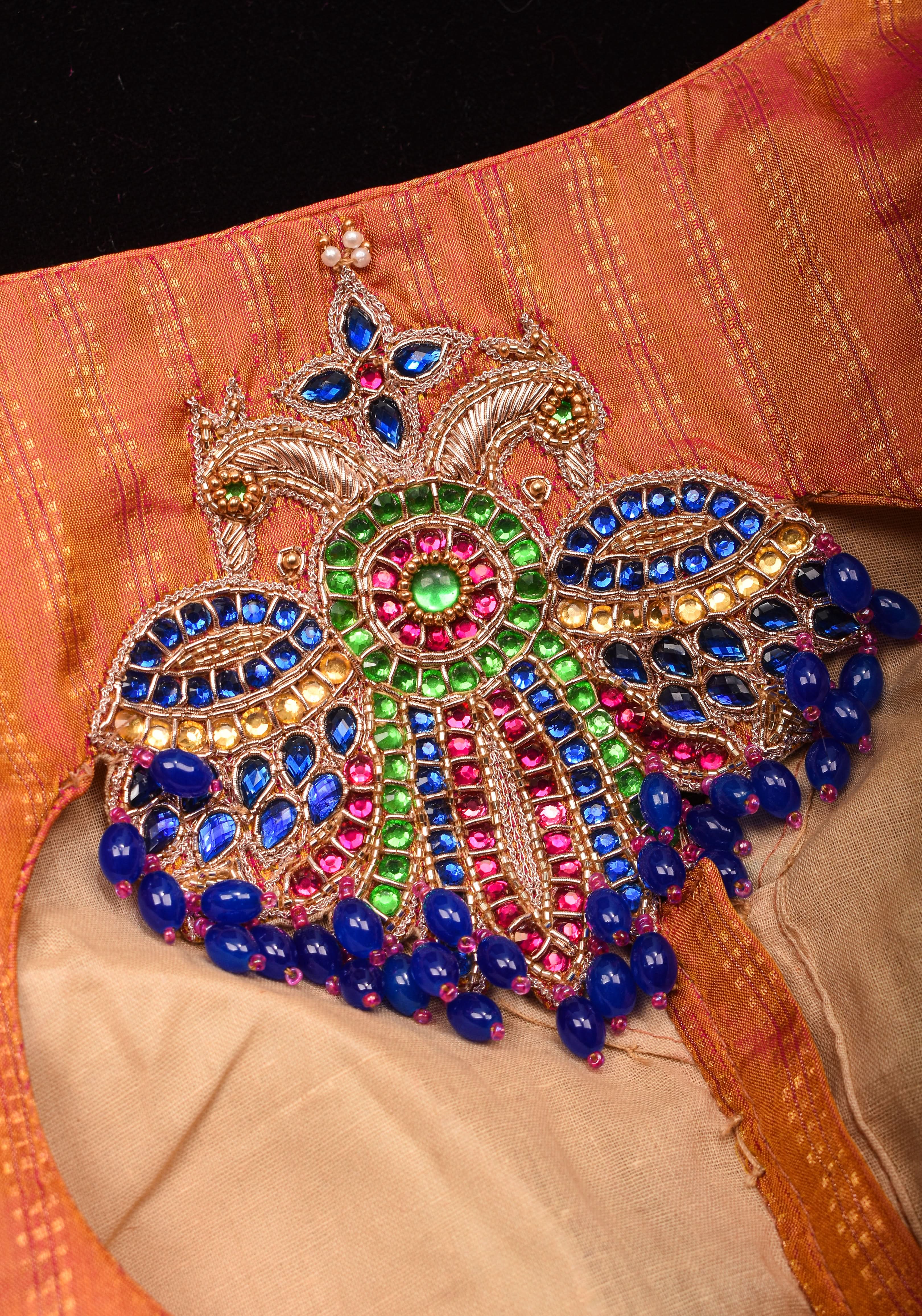 Kesari Mustard Pure Kanjivaram silk blouse with Berunda Hand Kundanwork , Made to Order | Shobitam